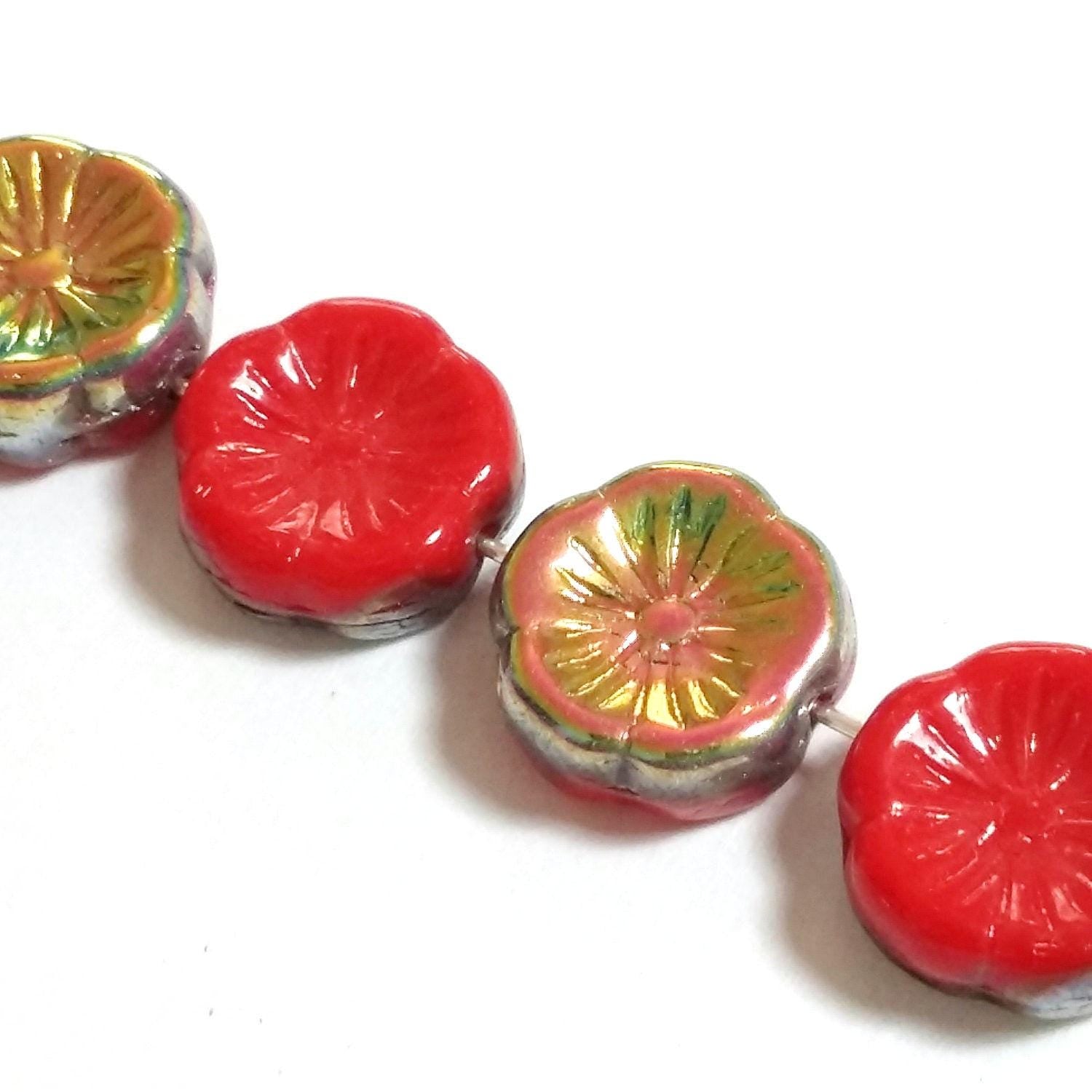 Metallic AB & Red Hawaiian Flower Czech Glass 12mm - 6pcs