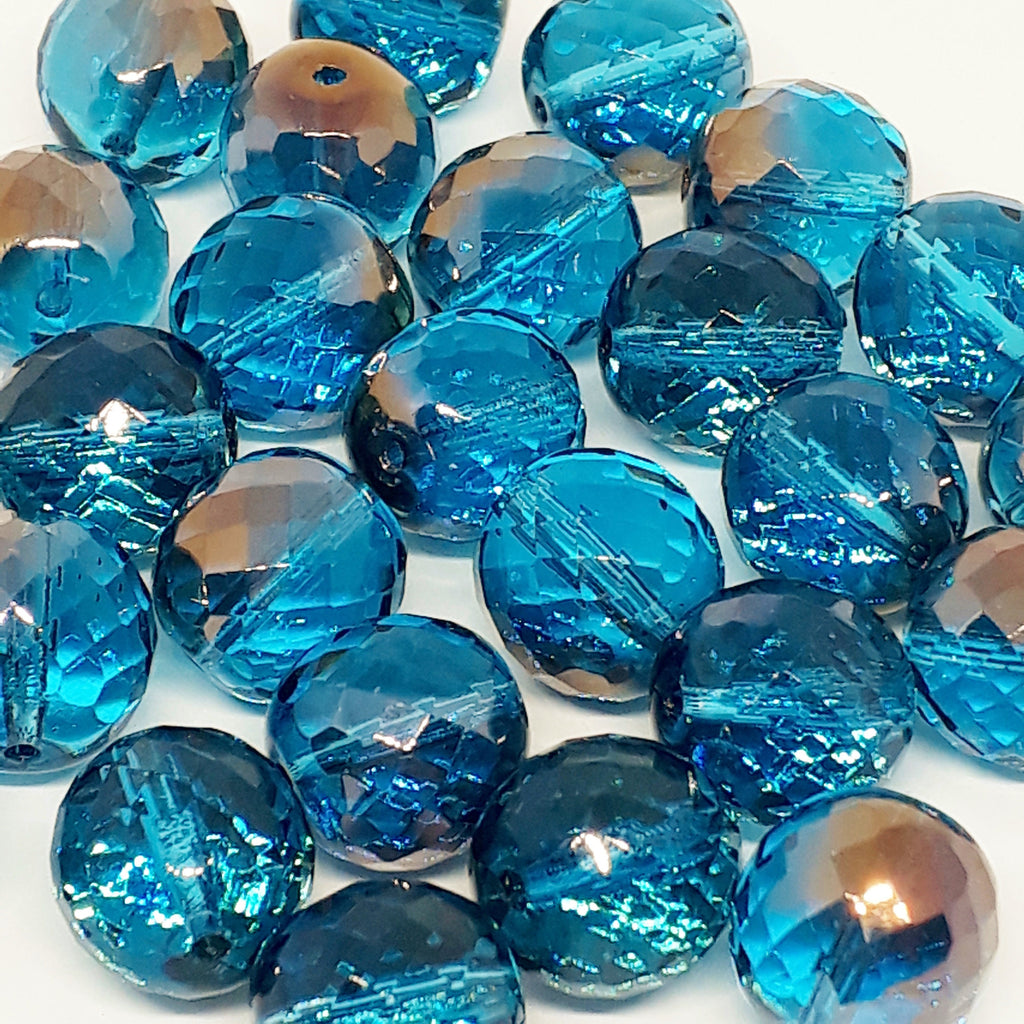 Blue & Copper Faceted Czech Glass Round 12x11mm - 4pcs