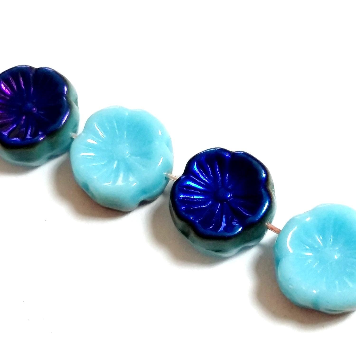 Blue Metallic Czech Glass Hawaiian Flower 12mm - 6pcs