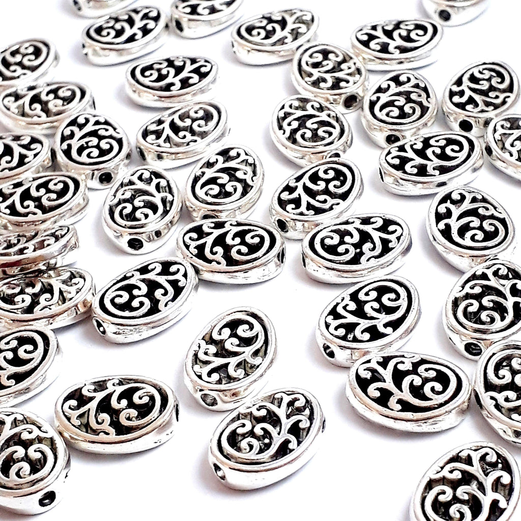 Oval Filigree Floral Antique Silver 12x10mm - 10pcs