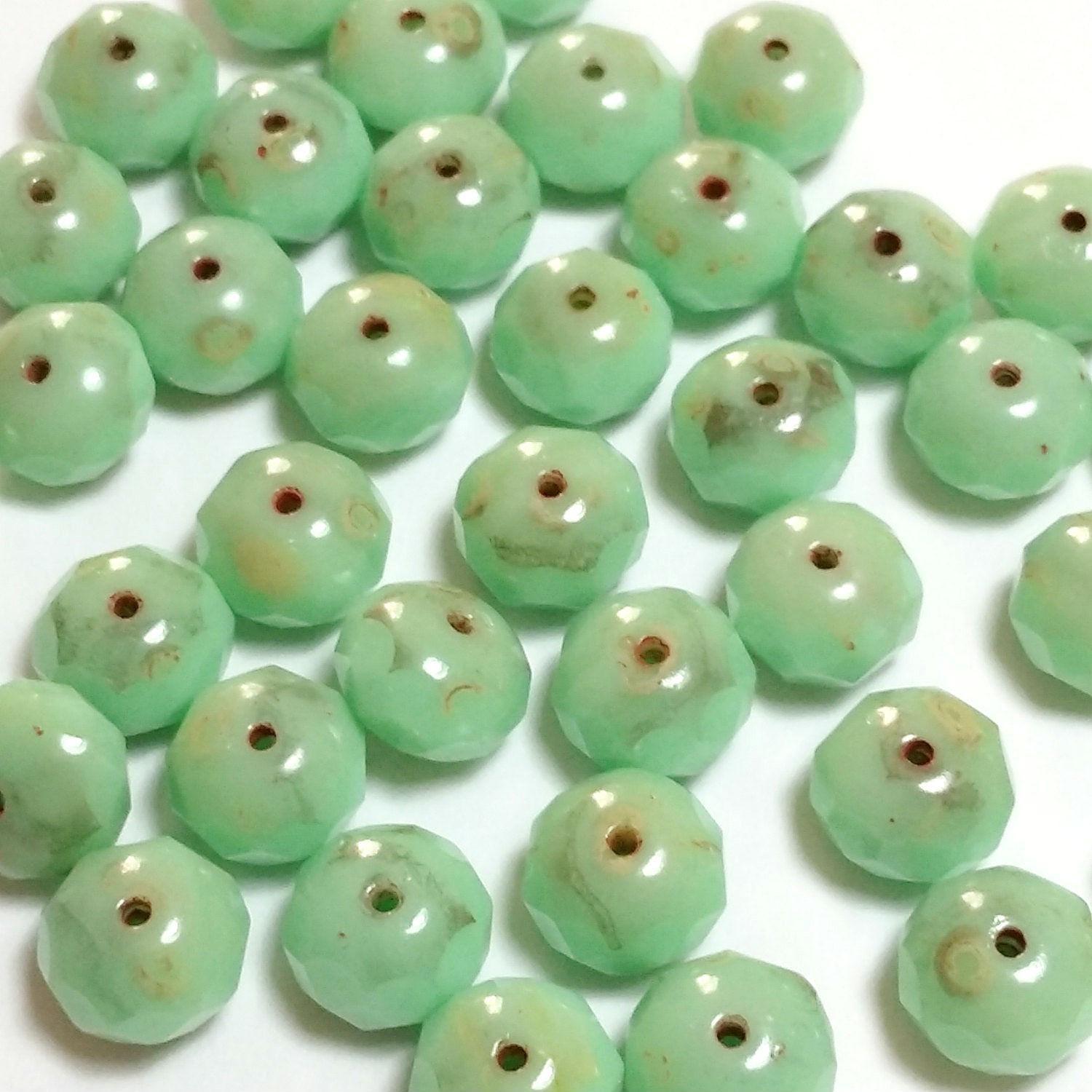 Mint Green Picasso Czech Glass Faceted Rondelle 9x6mm - 6pcs