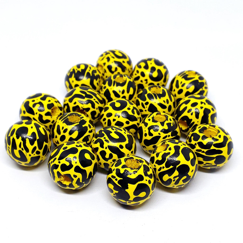 Yellow & Black Leopard Print Wood 16x15mm - 5pcs