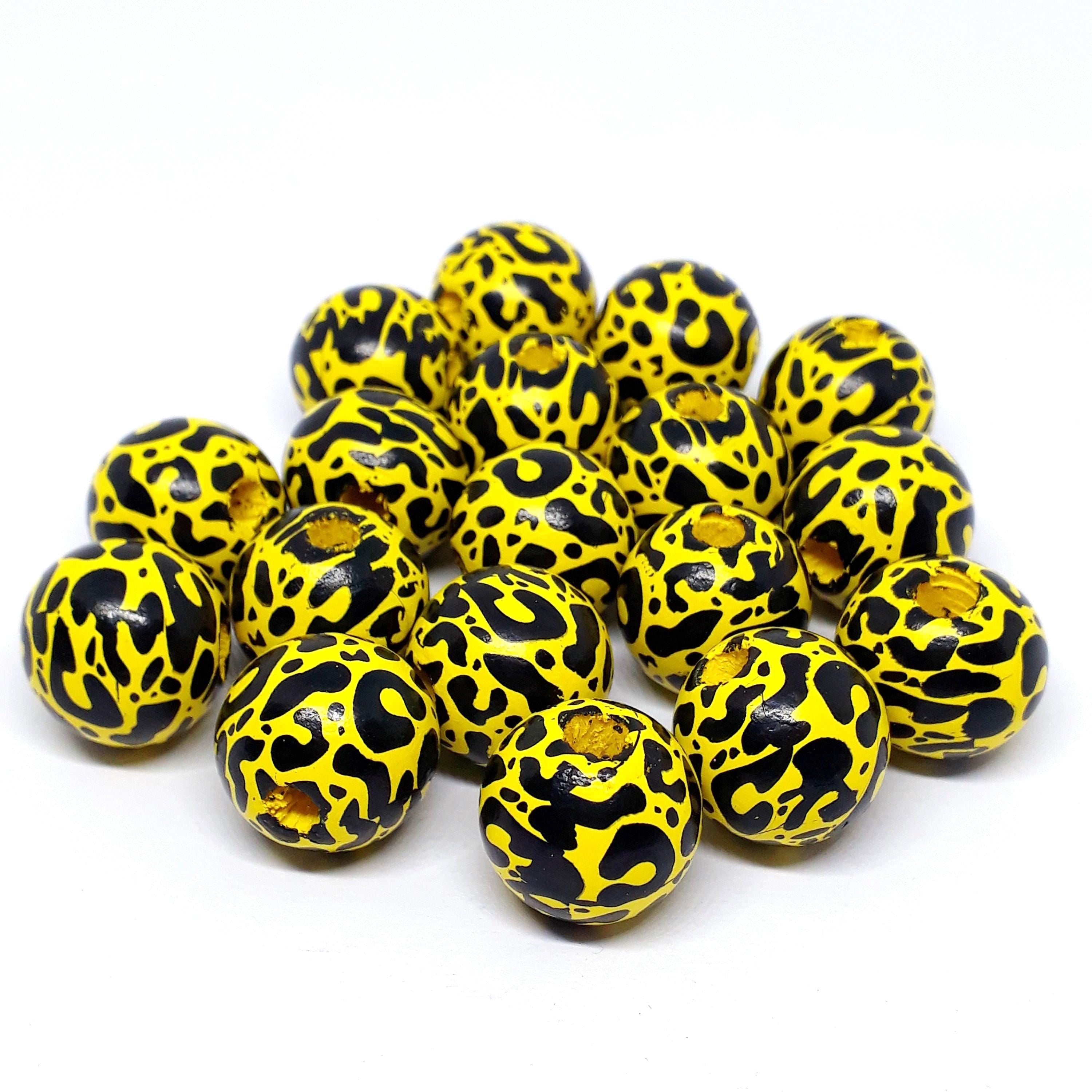Yellow & Black Leopard Print Wood 16x15mm - 5pcs