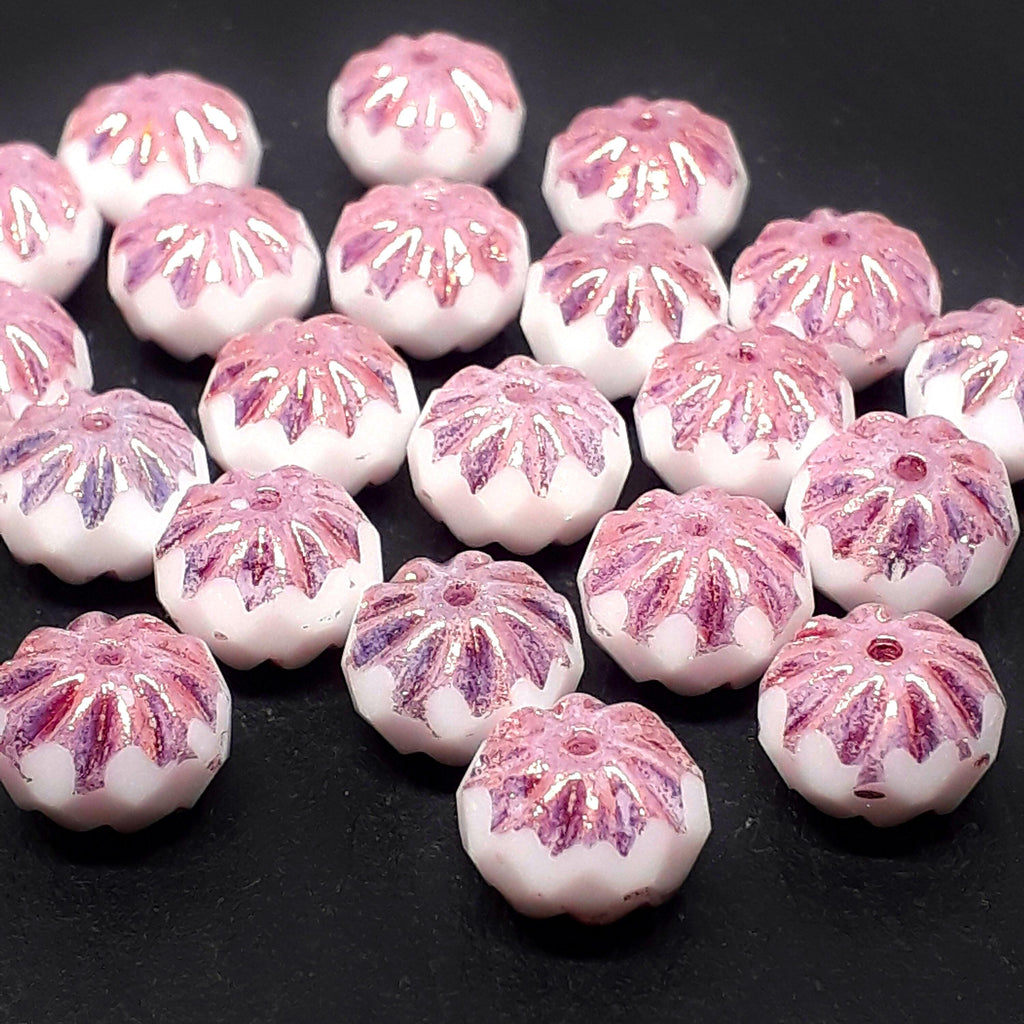 White Dusty Rose & Gold Lustre Czech Glass Rondelle 10x7mm - 6pcs