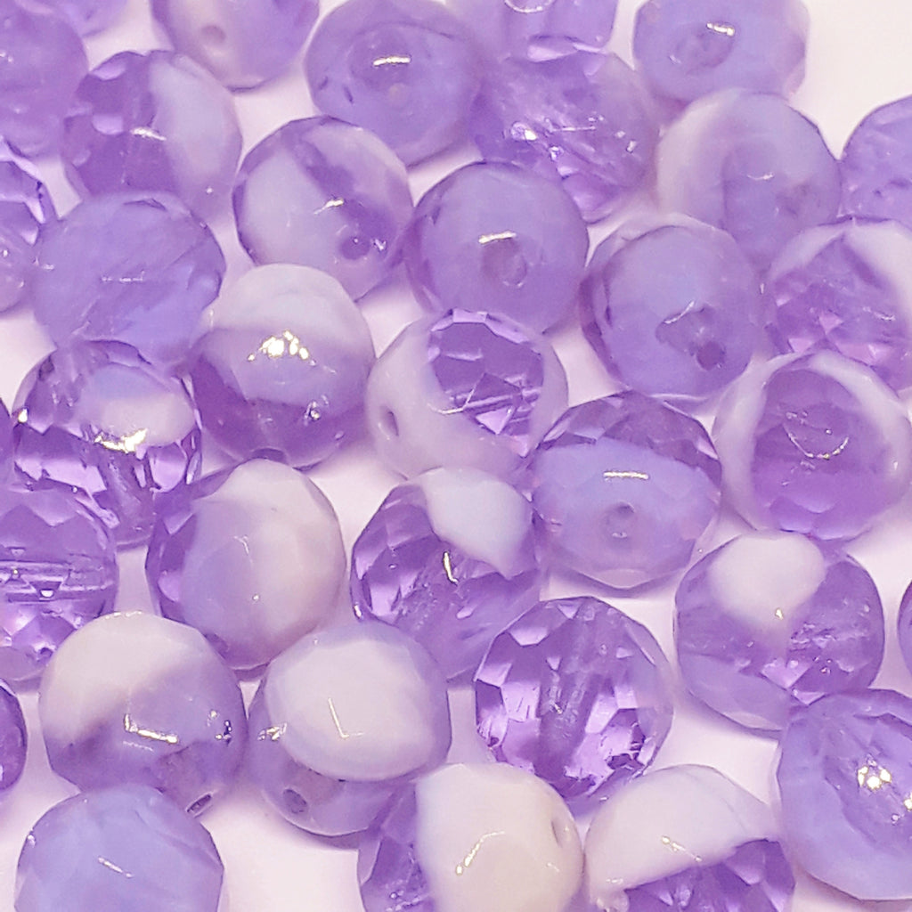 Purple & Off-White Faceted Round Czech Glass 10x9mm - 6pcs
