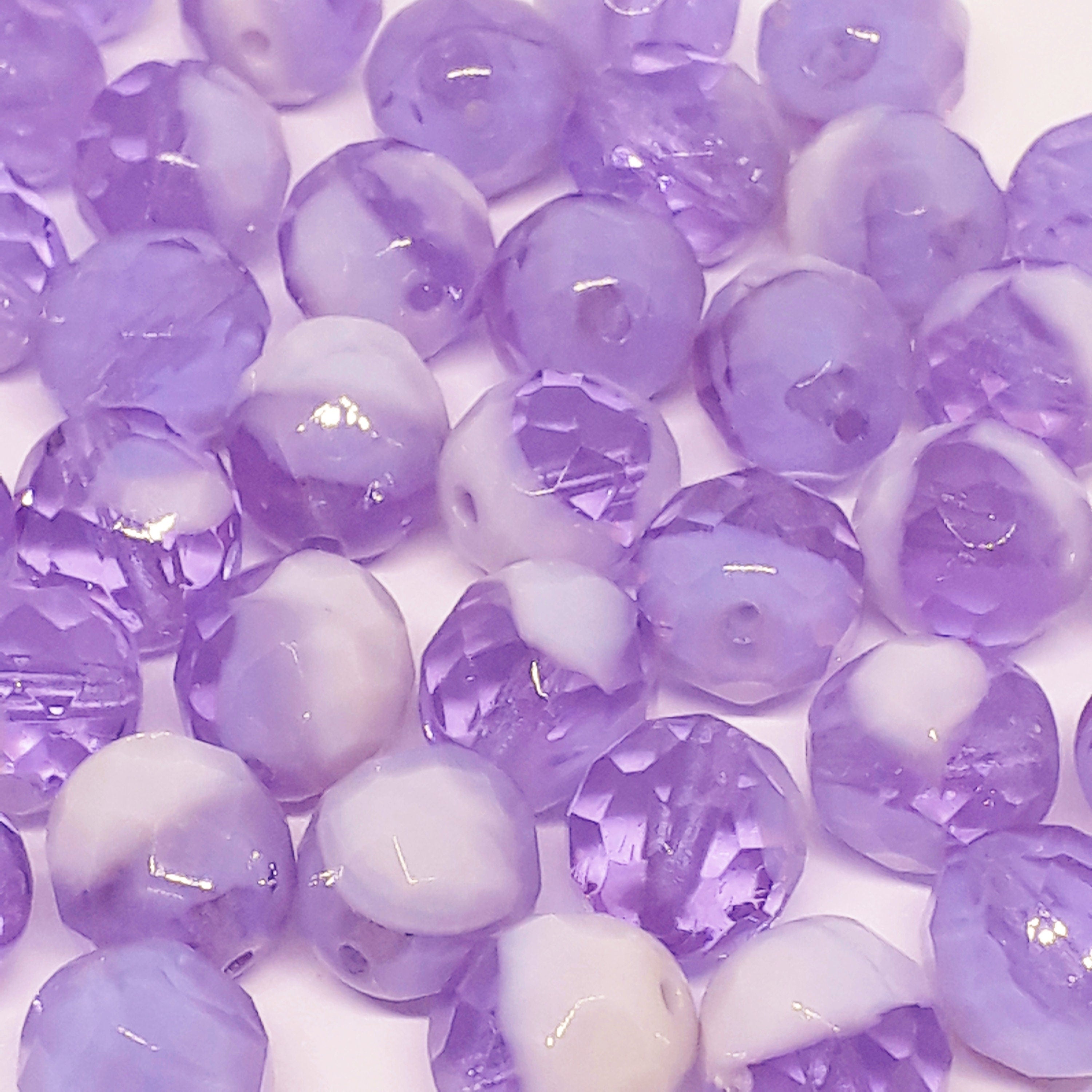 Purple & Off-White Faceted Round Czech Glass 10x9mm - 6pcs