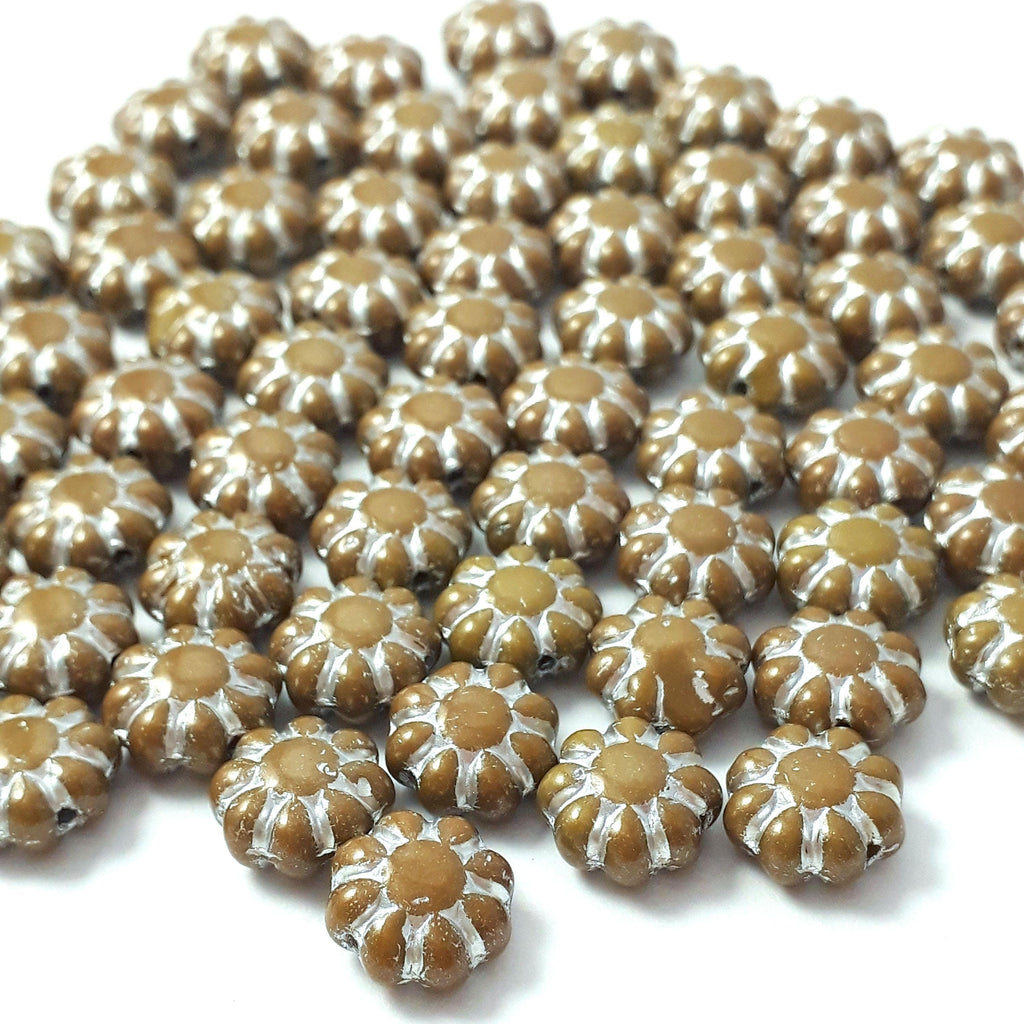 Caramel & Silver Lined Czech Glass Hawaiian Flower 9mm - 10pcs