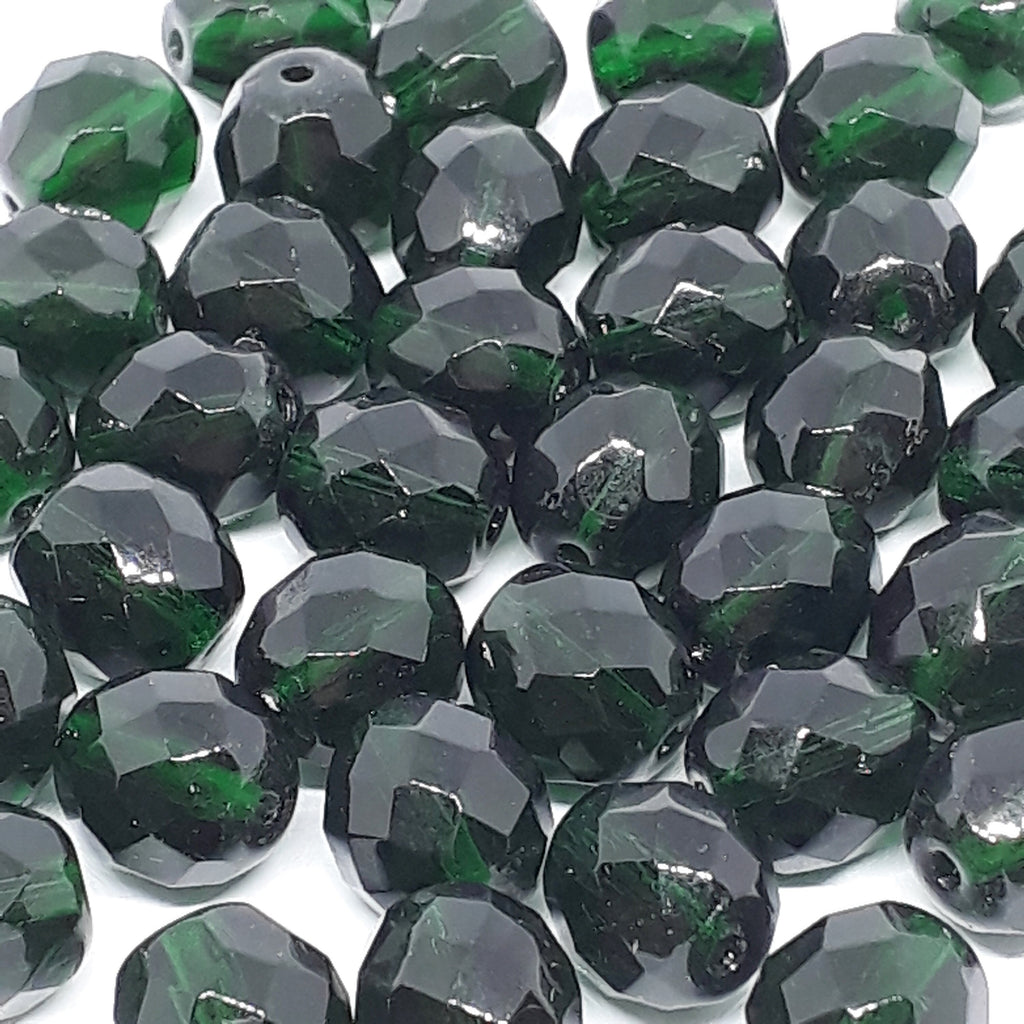 Dark Green Faceted Czech Glass Round 10x9mm - 10pcs