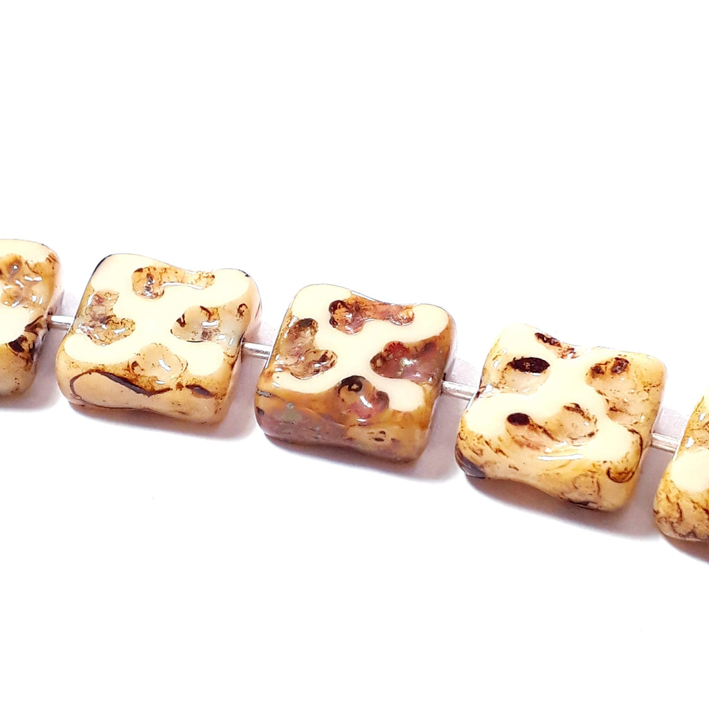 Flat Square Cream & Brown Table Cut Czech Glass 10mm - 6pcs
