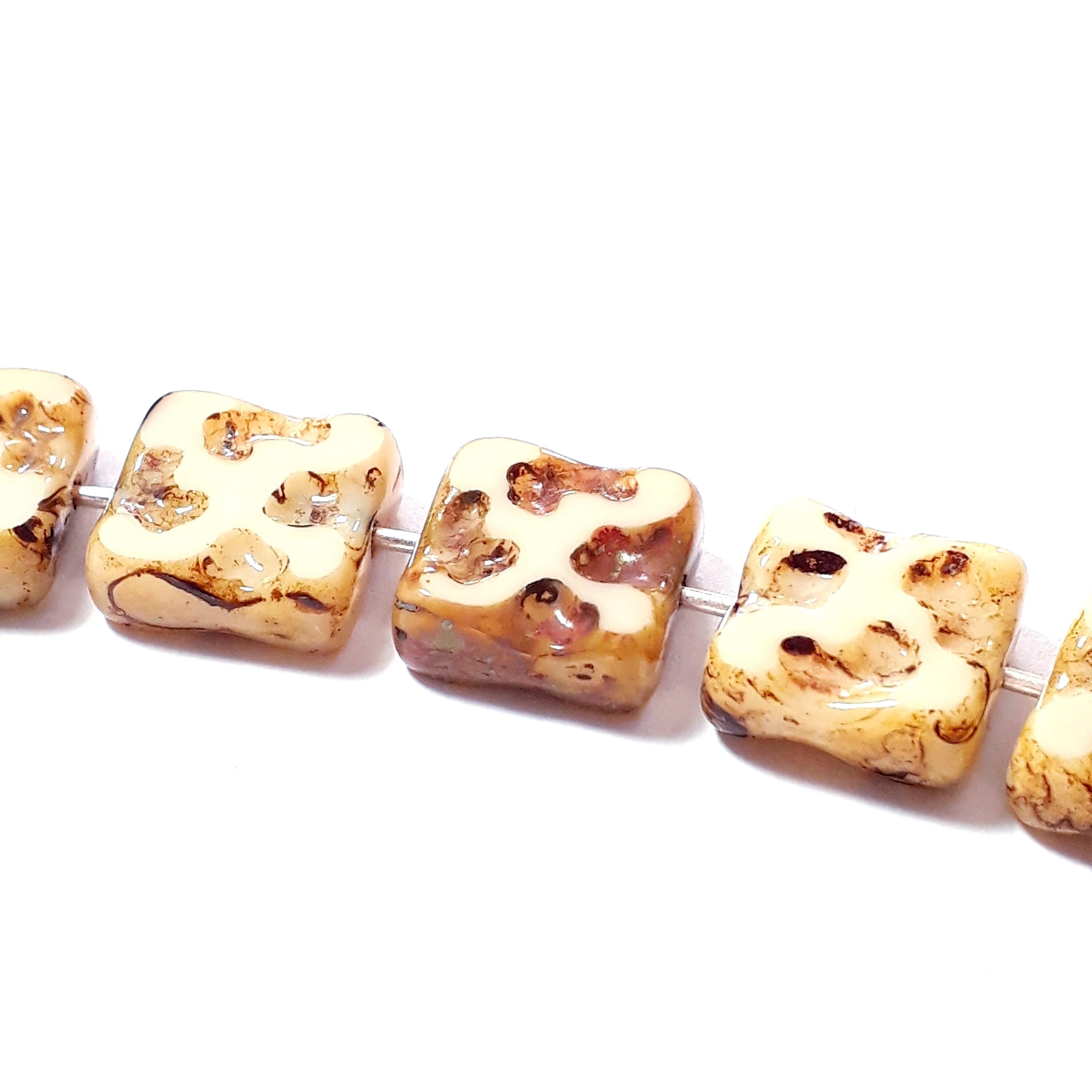 Flat Square Cream & Brown Table Cut Czech Glass 10mm - 6pcs