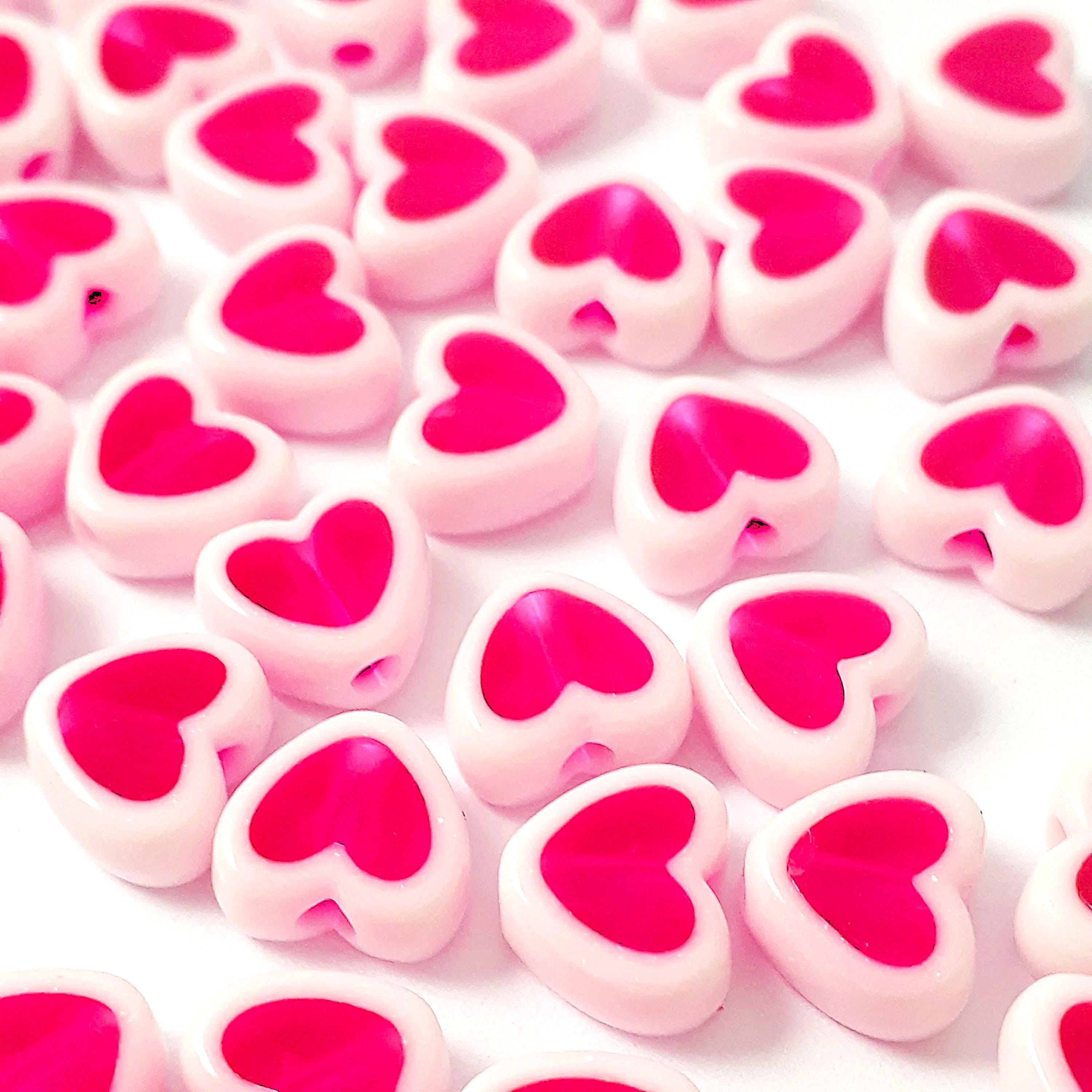 White & Hot Pink Heart Acrylic 8x7mm - 50pcs