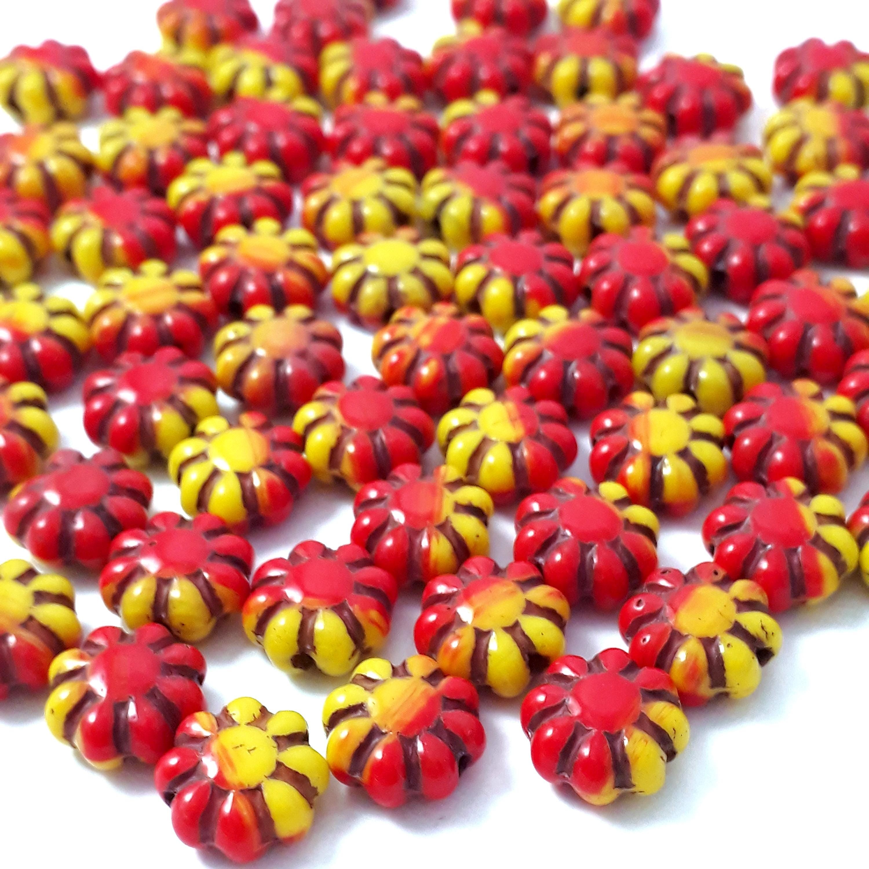 Red & Yellow Czech Glass Hawaiian Flower 9mm - 10pcs
