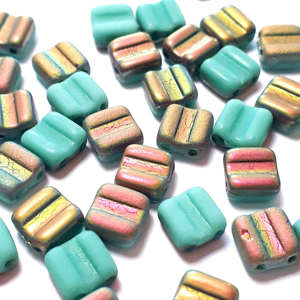 2-Hole Matte Turquoise & Metallic Gold/Pink Czech Glass Square 6mm - 20pcs