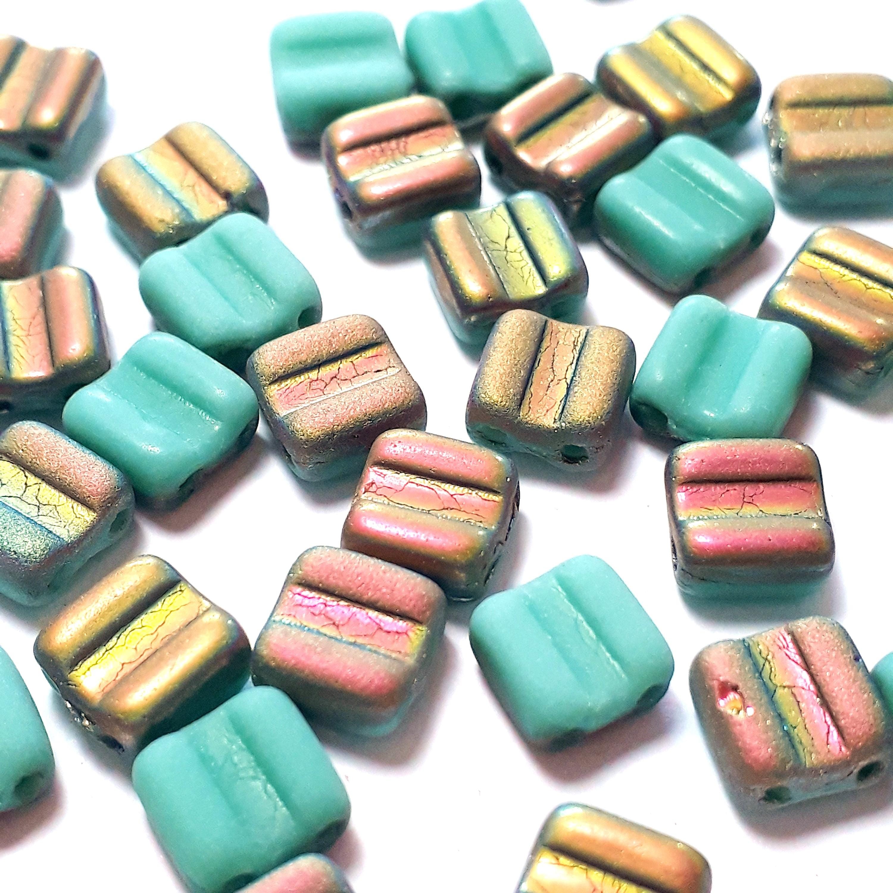 2-Hole Matte Turquoise & Metallic Gold/Pink Czech Glass Square 6mm - 20pcs