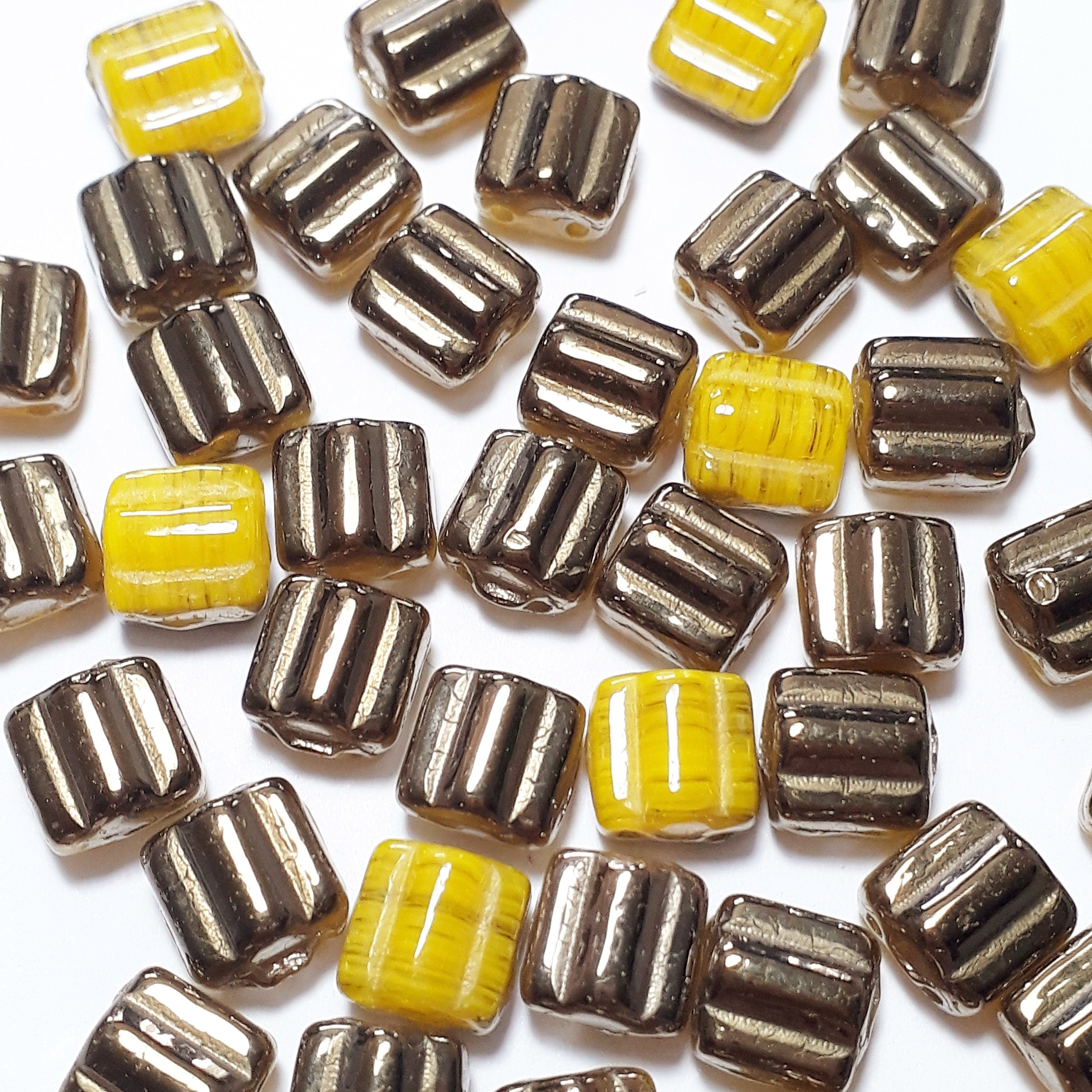 2-Hole Yellow & Bronze Czech Glass Square 6mm - 20pcs