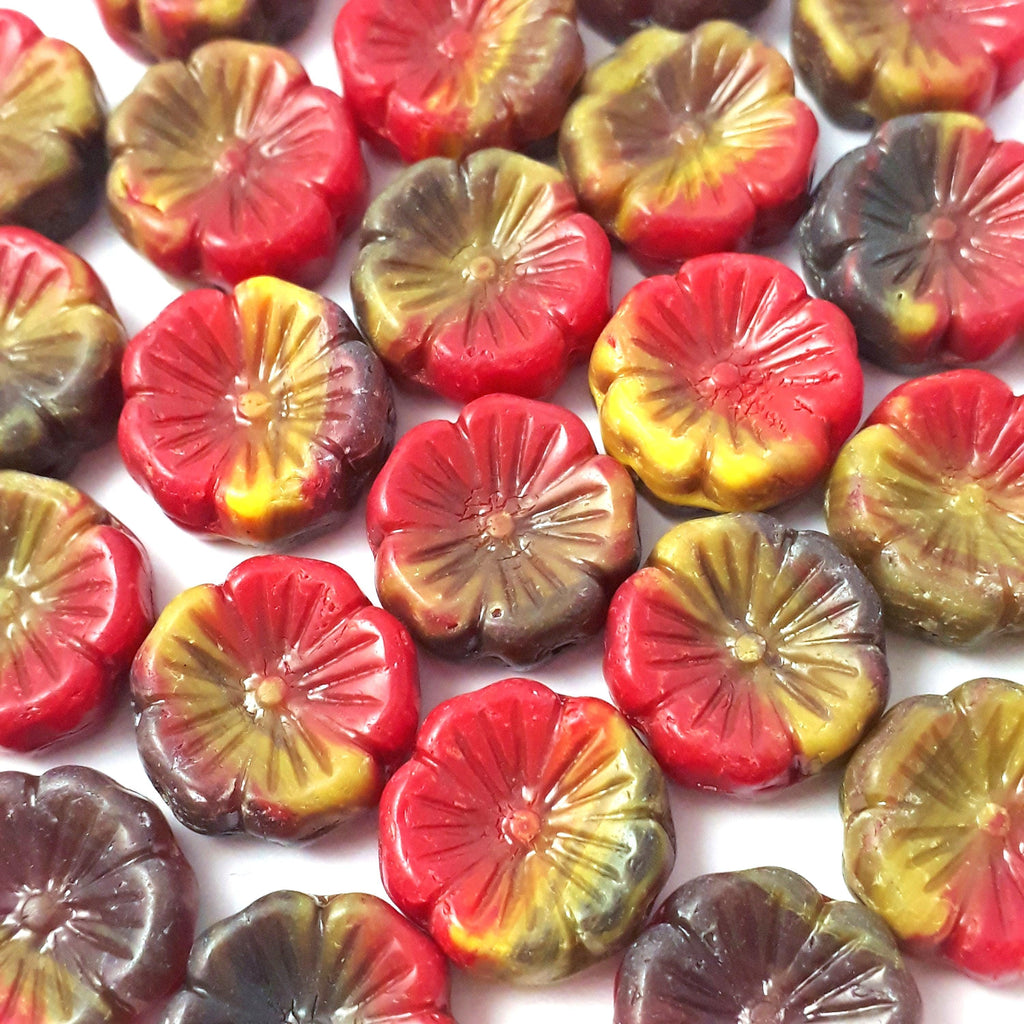 Red, Yellow & Brown Hawaiian Flower Czech Glass 14mm - 6pcs