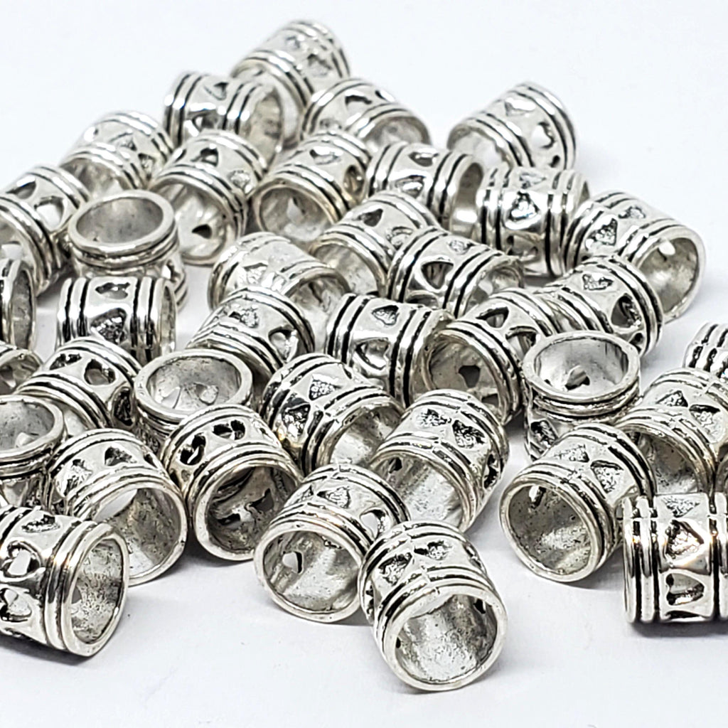 Filigree Heart Tube Antique Silver Big Hole 7x7mm - 25pcs