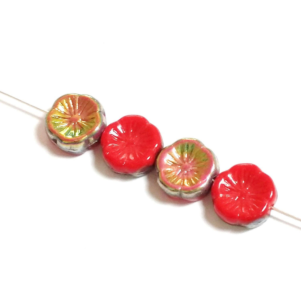 Metallic AB & Red Hawaiian Flower Czech Glass 12mm - 6pcs