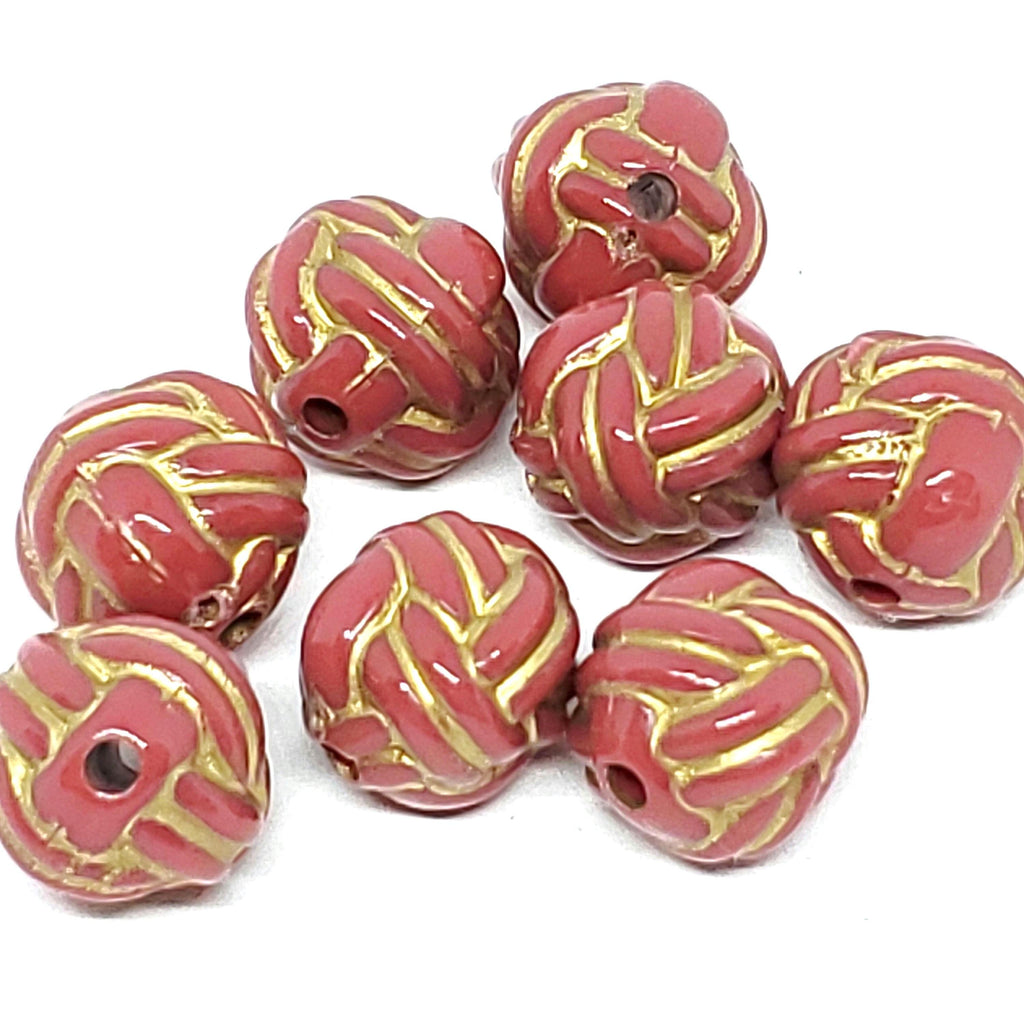 Coral Red & Gold Resin Rope Knot 11mm - 2pcs