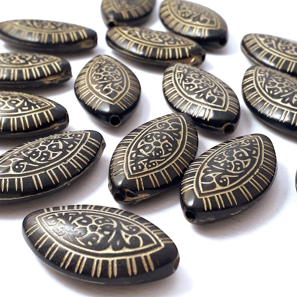 Black & Gold Tribal Acrylic Flat Oval 30x17mm - 6pcs