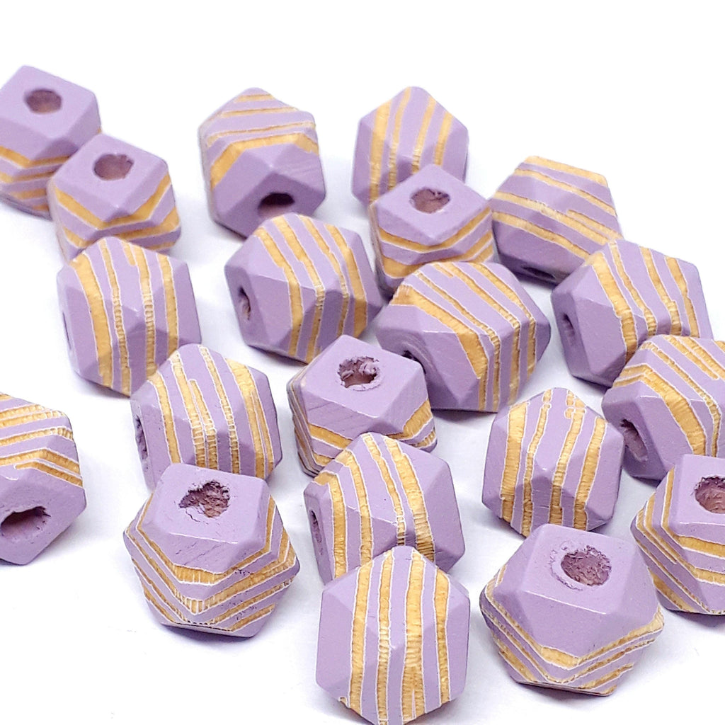 Purple Striped Carved Wood Polygon 10x10mm - 5pcs