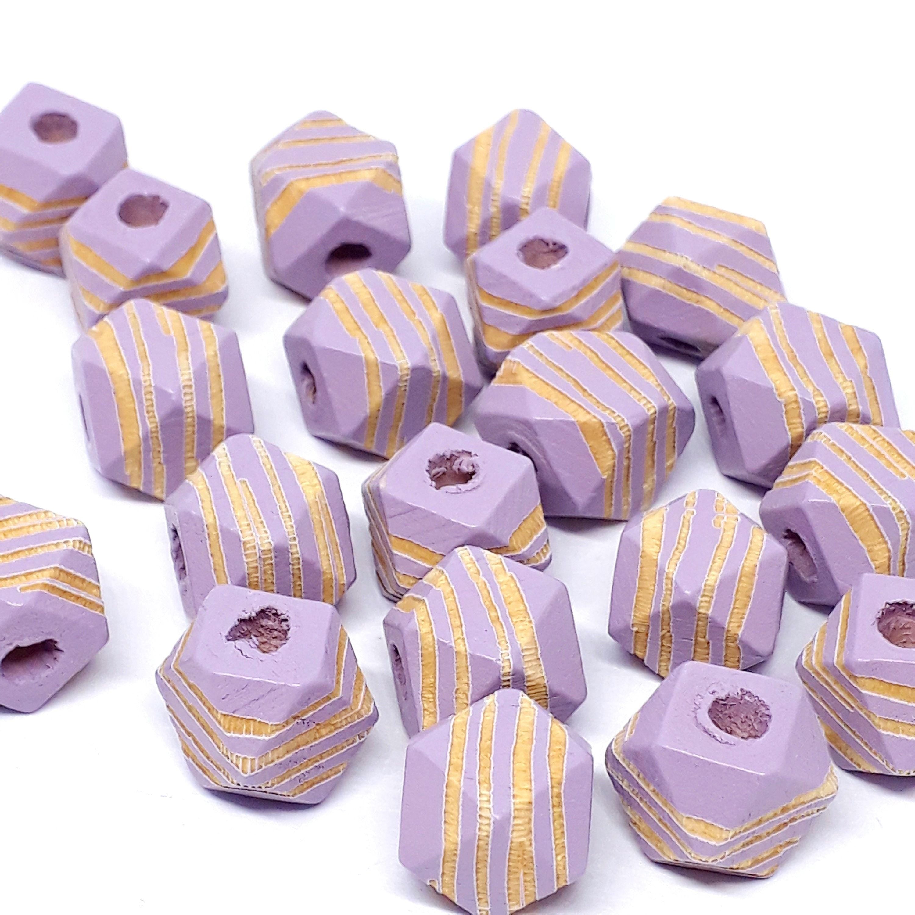 Purple Striped Carved Wood Polygon 10x10mm - 5pcs
