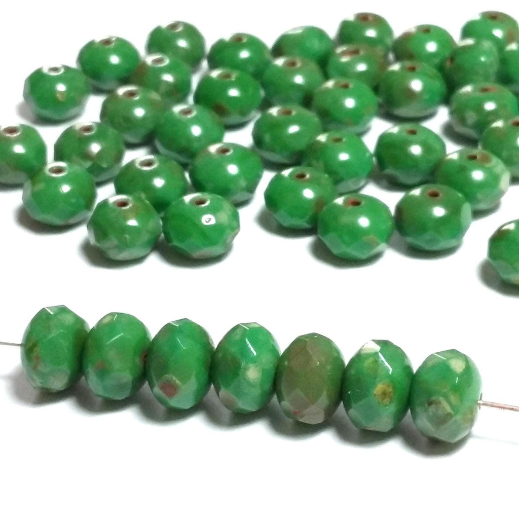 Forest Green Lustre Picasso Czech Glass Rondelle 8x6mm - 10pcs