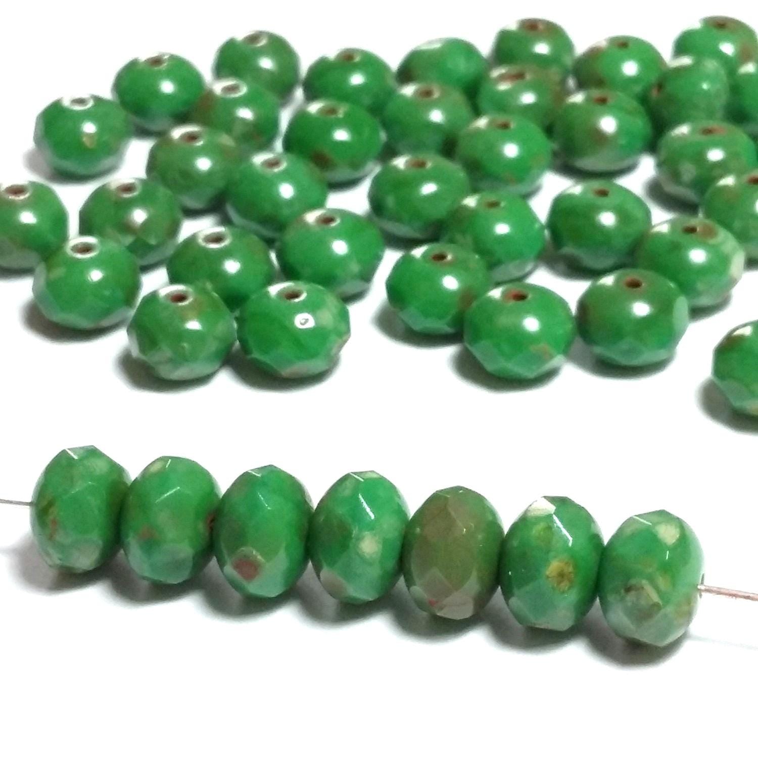 Forest Green Lustre Picasso Czech Glass Rondelle 8x6mm - 10pcs