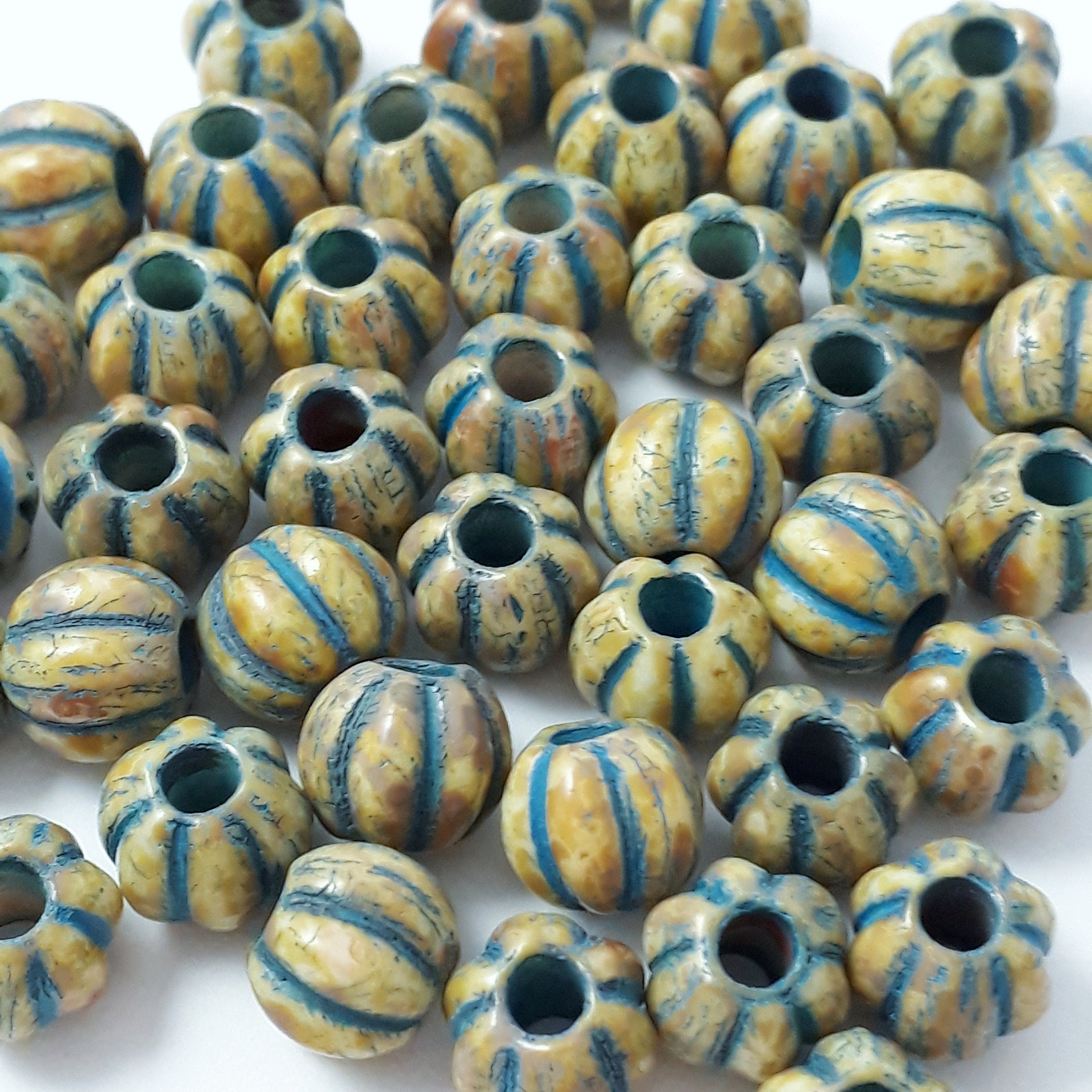 Beige & Blue Striped Picasso Fluted Czech Glass 8x7mm - 20pcs