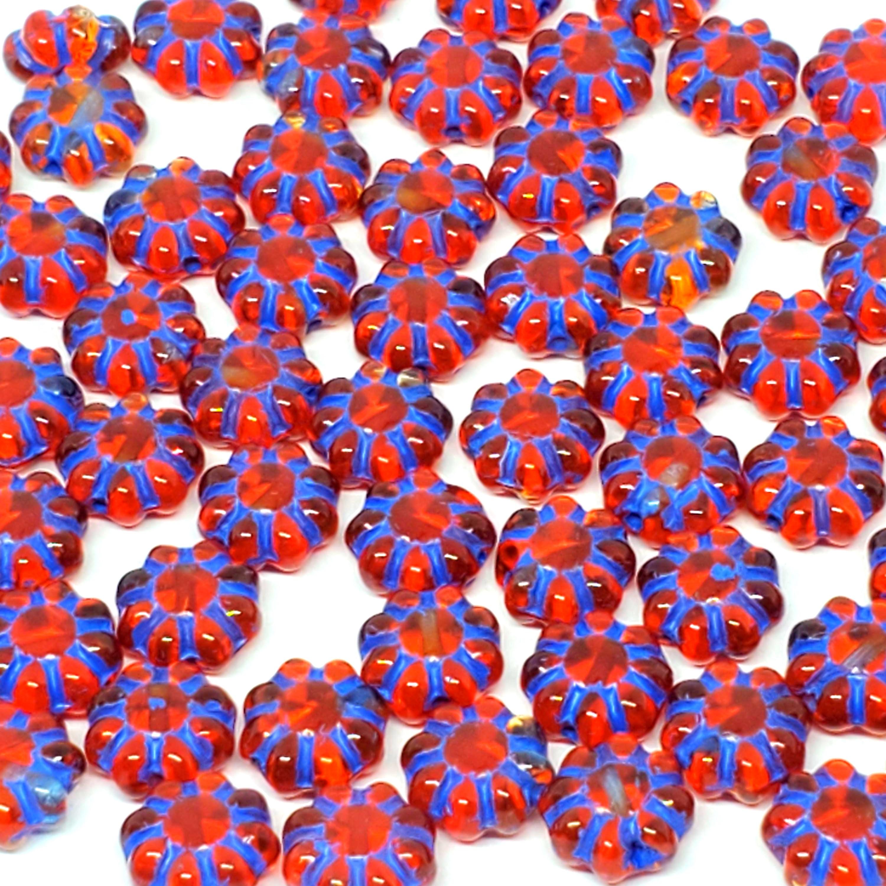 Red & Blue Lined Czech Glass Hawaiian Flower 9mm - 10pcs