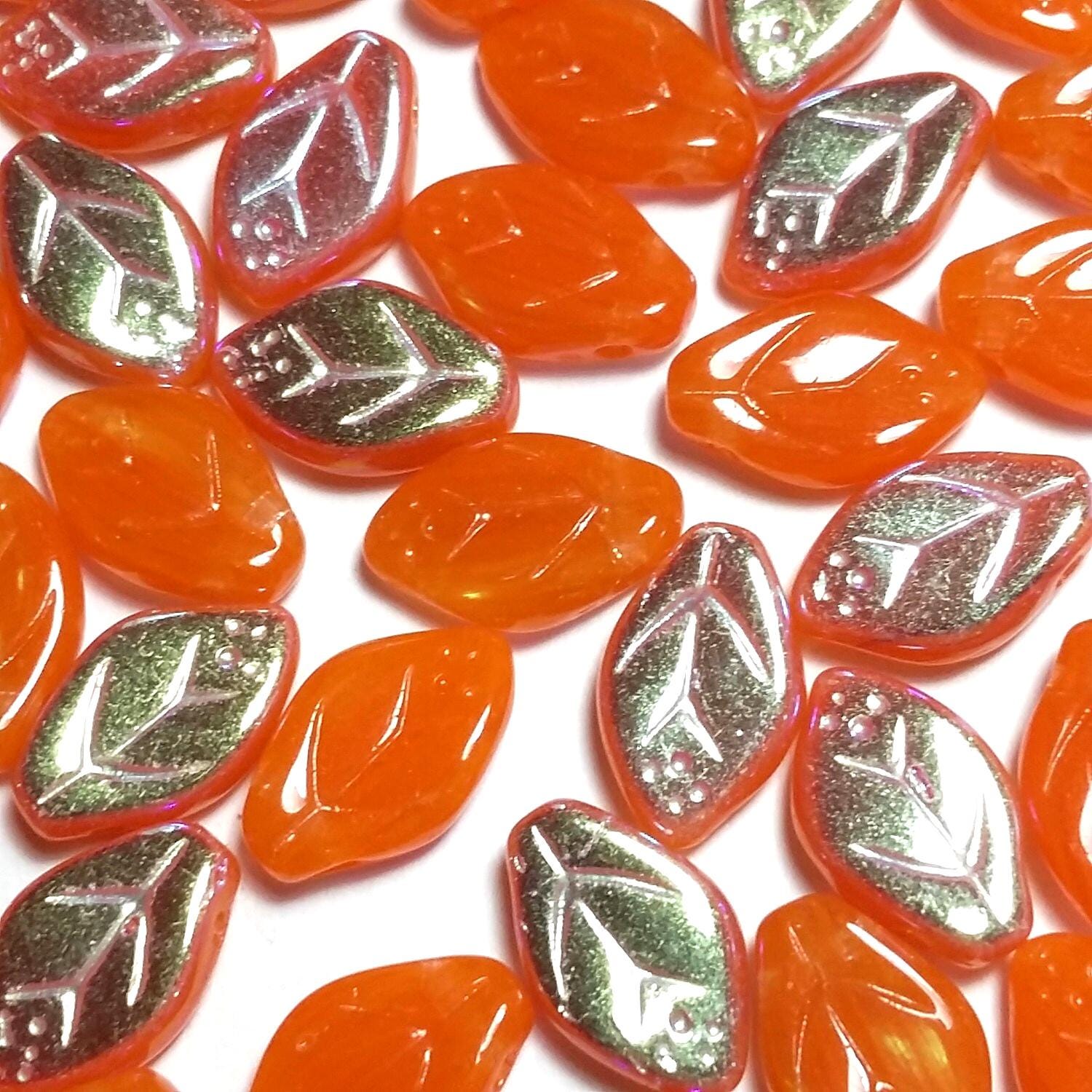 Bright Orange & Metallic Czech Glass Leaf 12x7mm - 20pcs