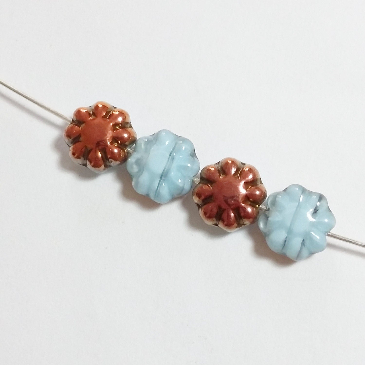 Light Blue & Orange Metallic Czech Glass Flower 9mm - 10pcs