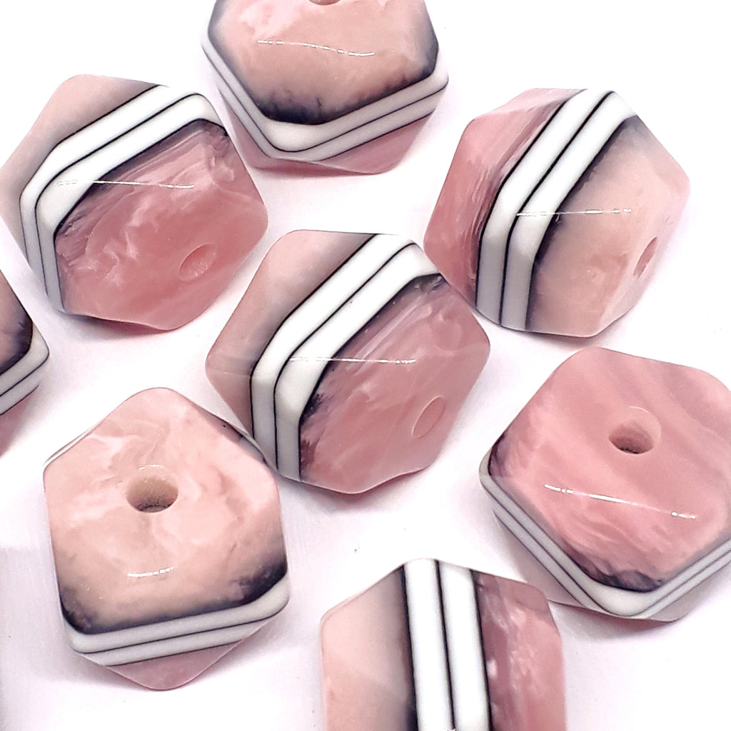Pink White Striped Faceted Cube Resin 15mm - 2pcs