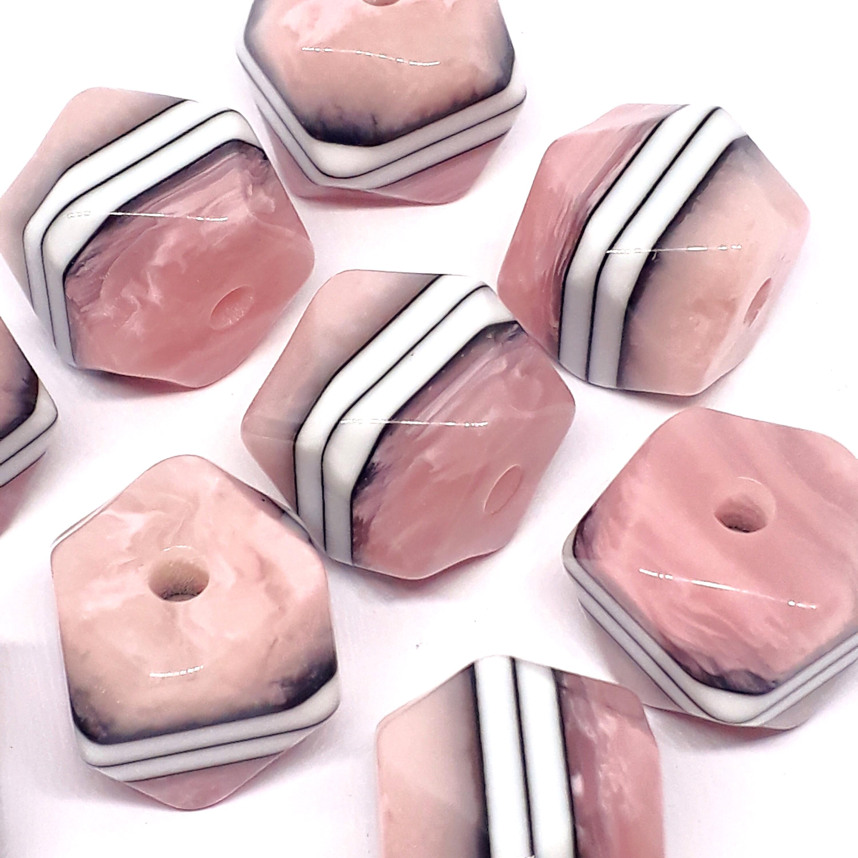 Pink White Striped Faceted Cube Resin 15mm - 2pcs
