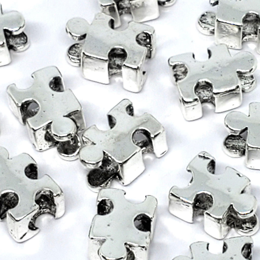 Jigsaw Puzzle Piece Big Hole Antique Silver 13x8mm - 6pcs