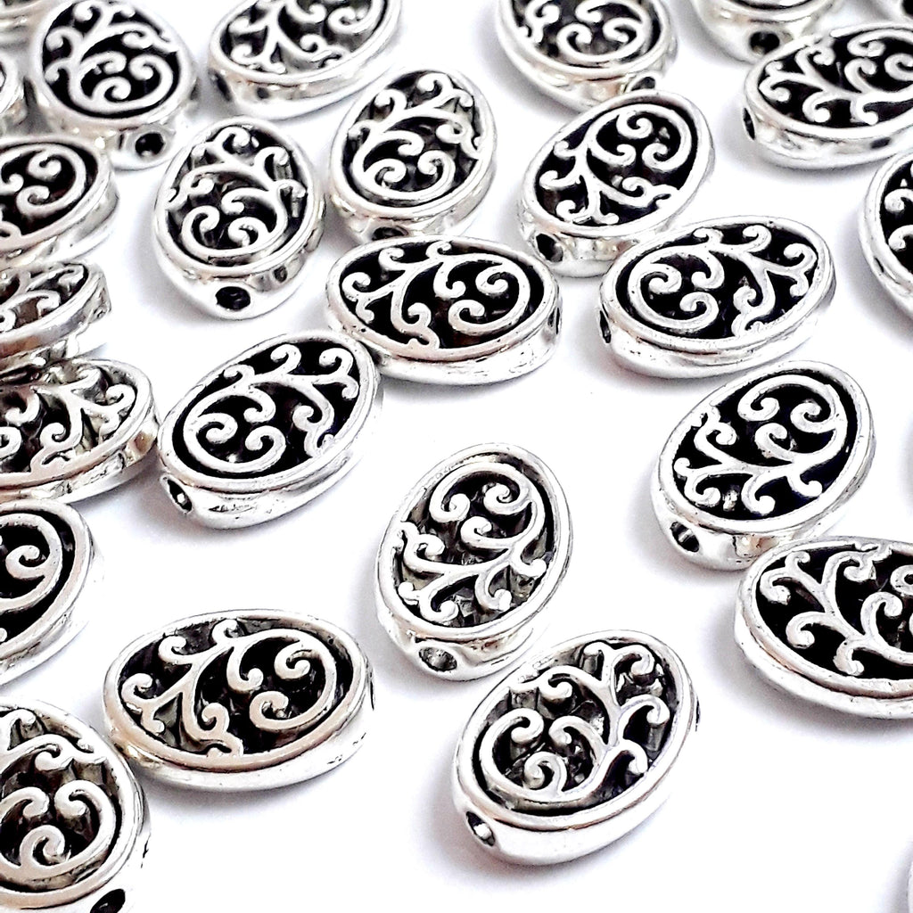 Oval Filigree Floral Antique Silver 12x10mm - 10pcs