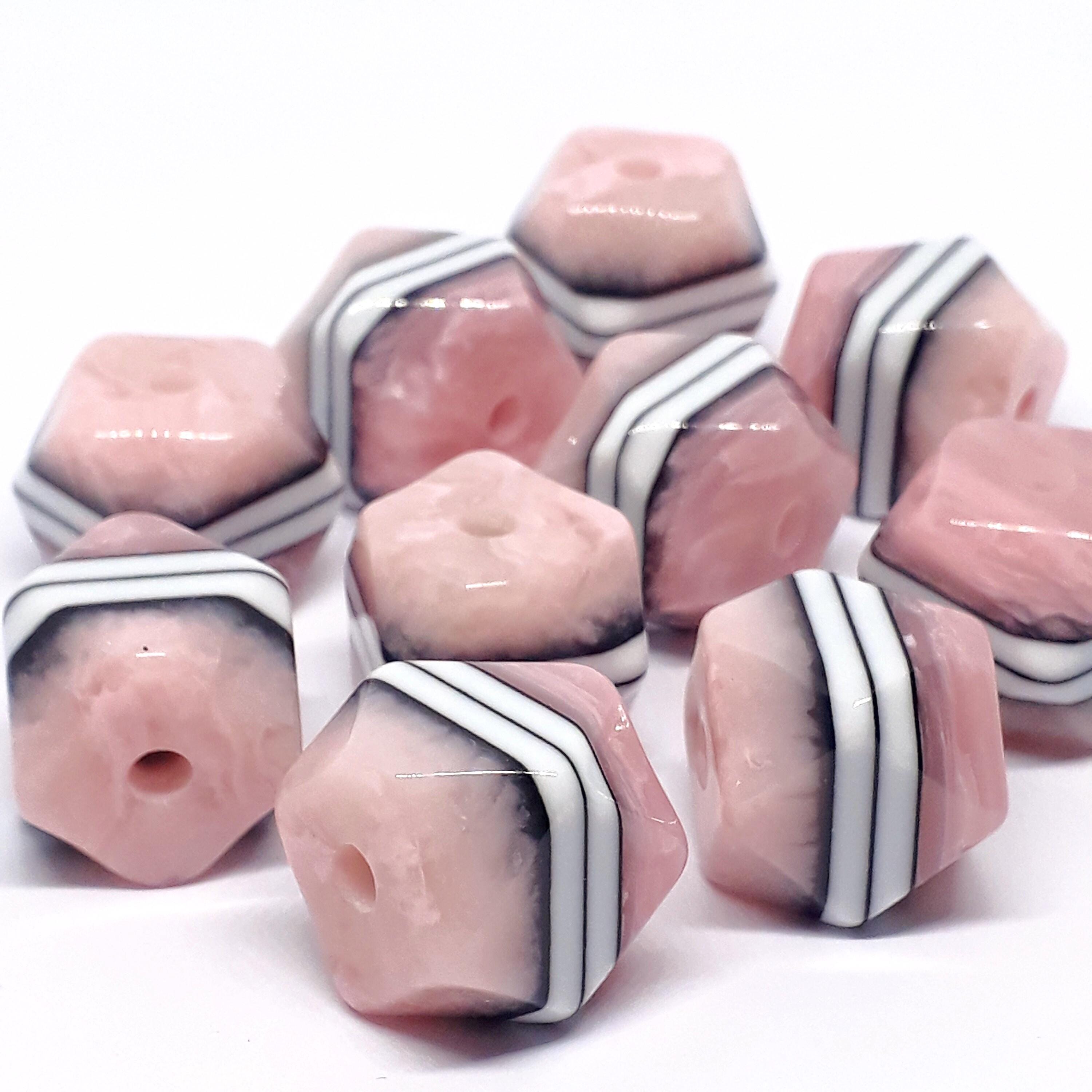 Pink White Striped Faceted Cube Resin 15mm - 2pcs