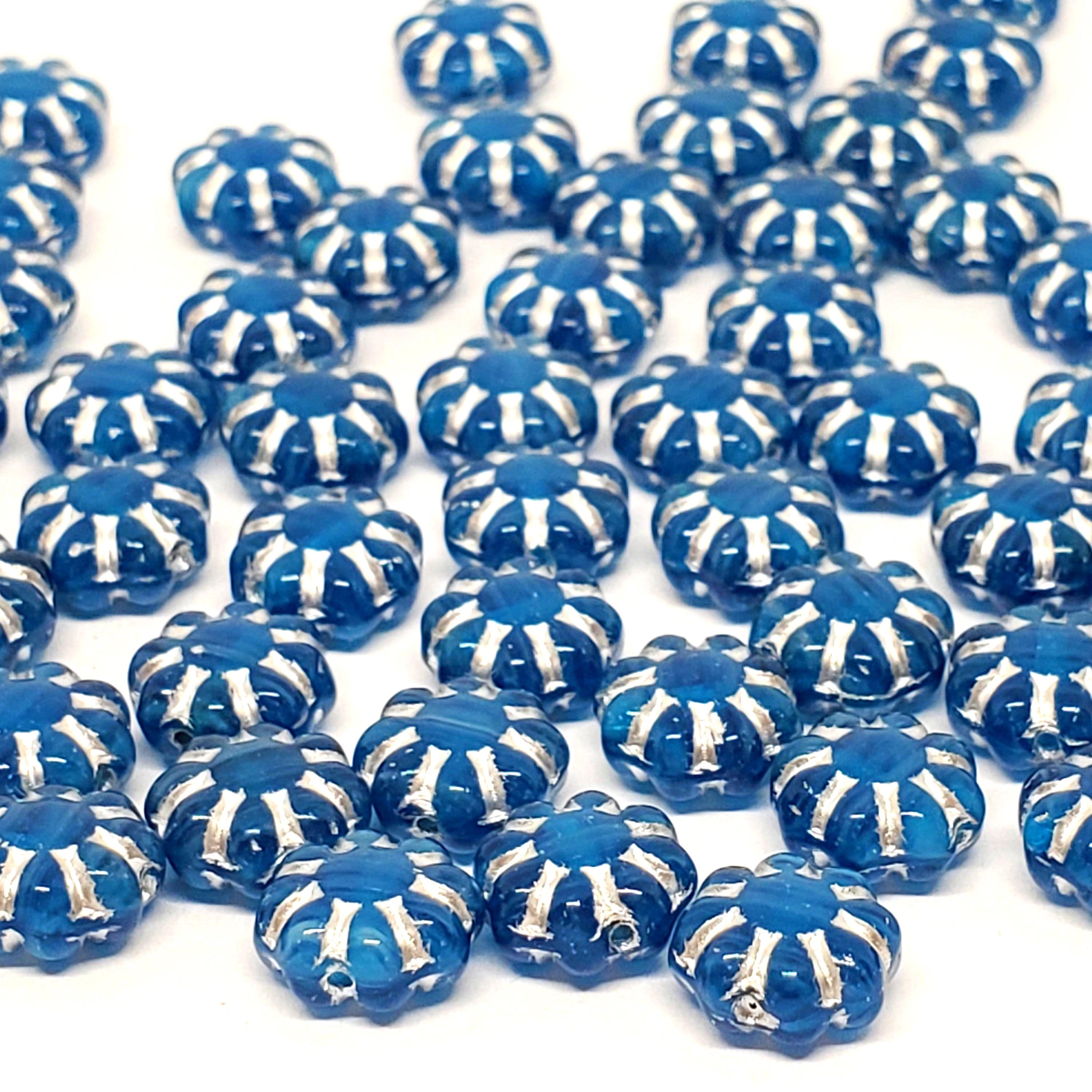 Blue & Silver Lined Czech Glass Hawaiian Flower 9mm - 10pcs