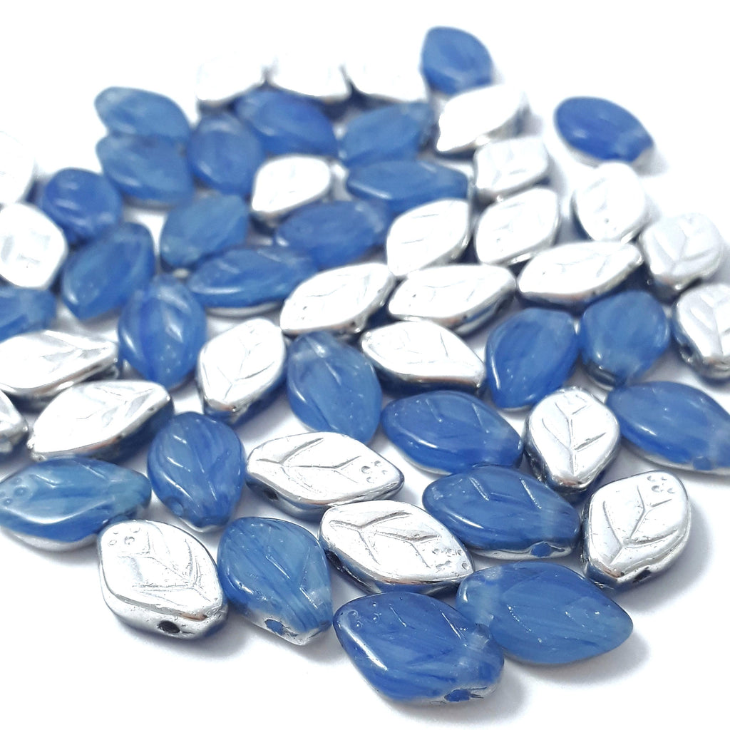 Silver & Blue Czech Glass Leaf 12x7mm - 20pcs