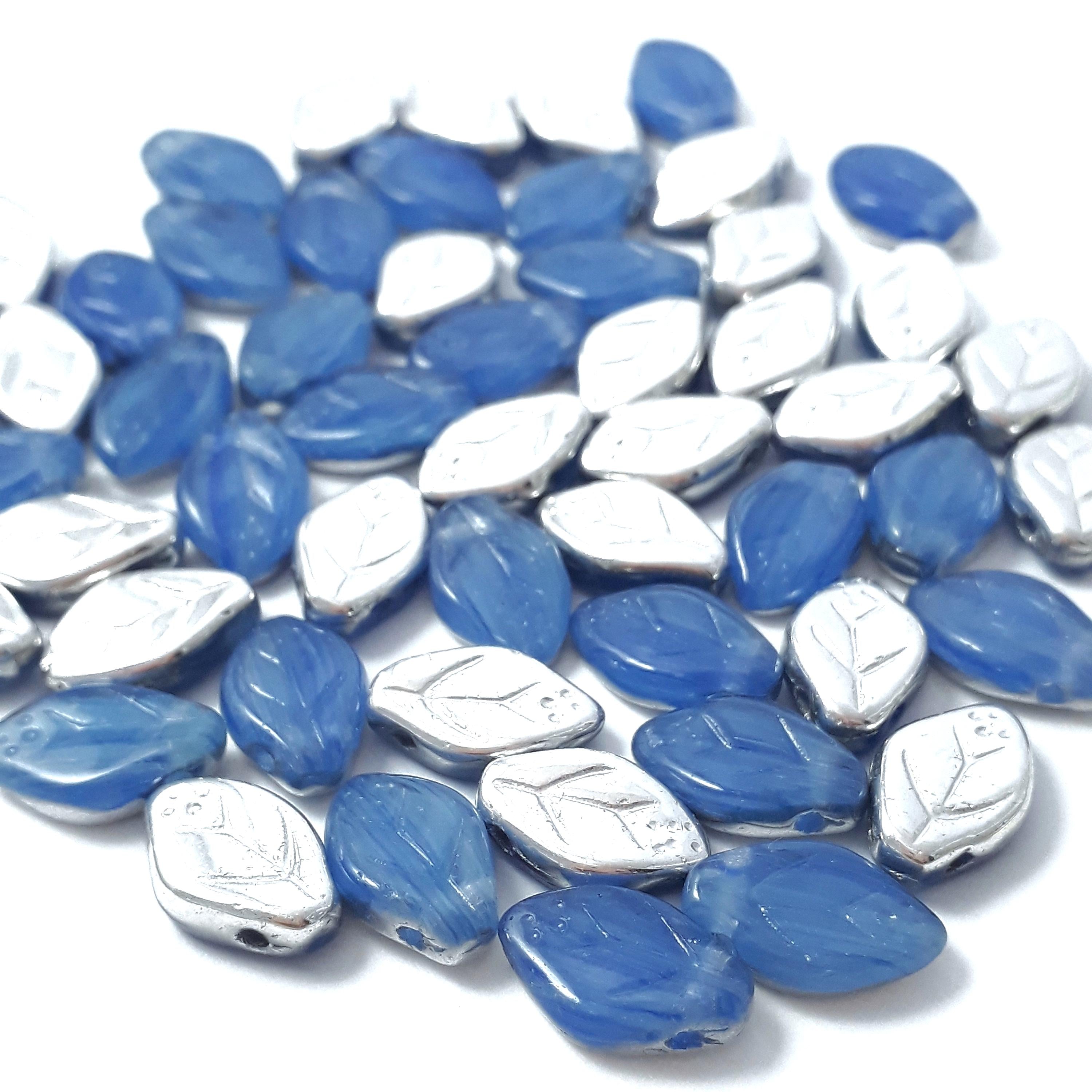 Silver & Blue Czech Glass Leaf 12x7mm - 20pcs