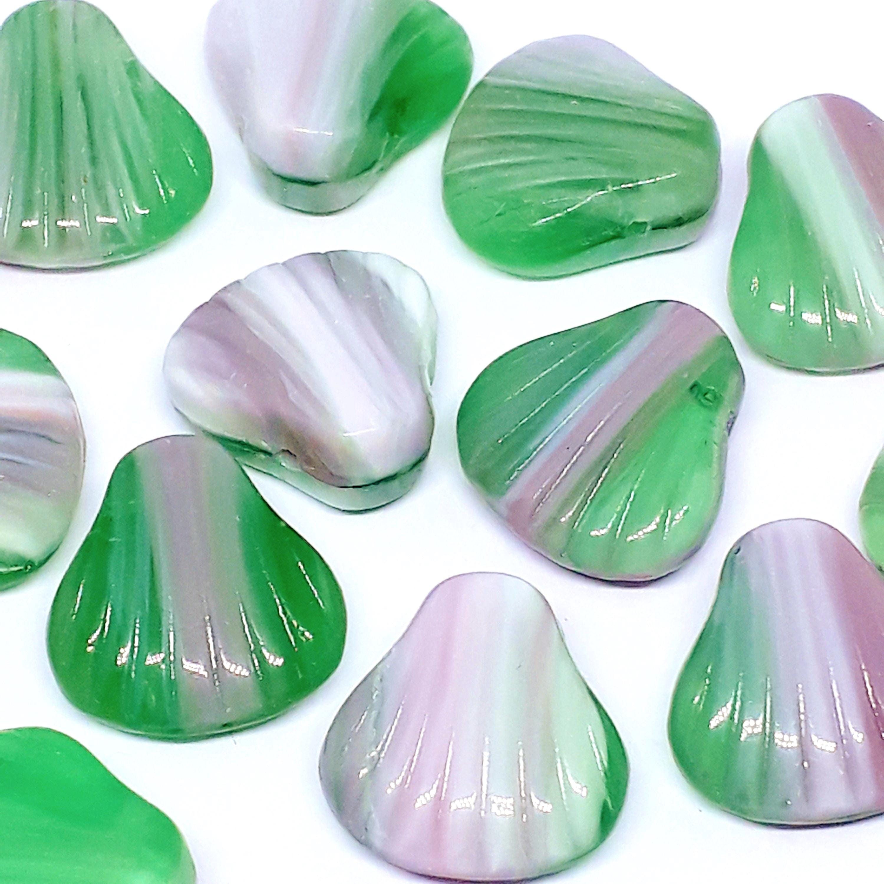 Green, Pink & White Czech Glass Shell 15mm - 6pcs