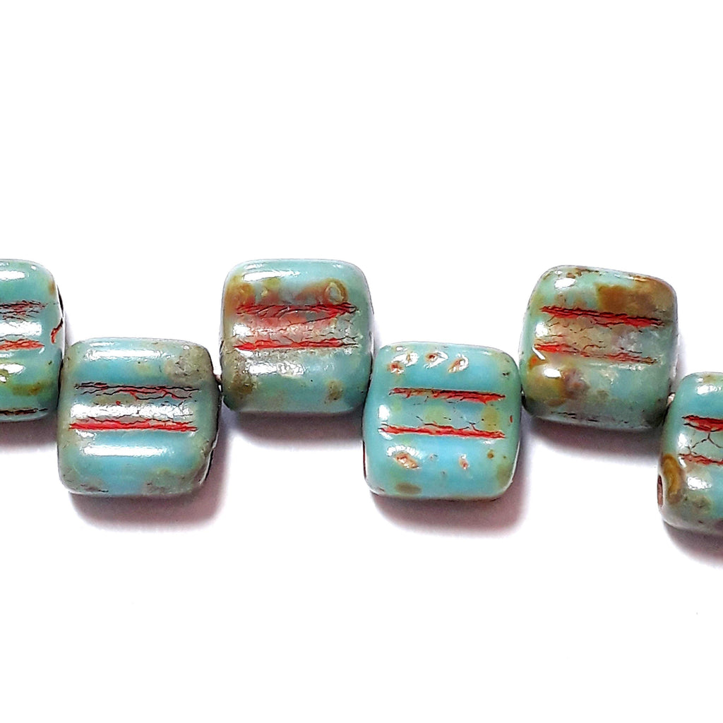2-Hole Turquoise & Red Picasso Square Czech Glass 6mm - 20pcs