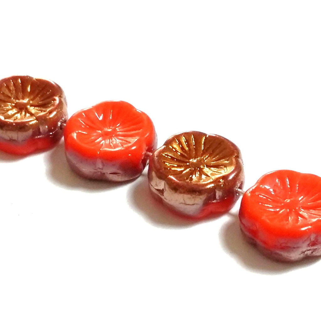 Orange & Copper Czech Glass Hawaiian Flower 12mm - 6pcs