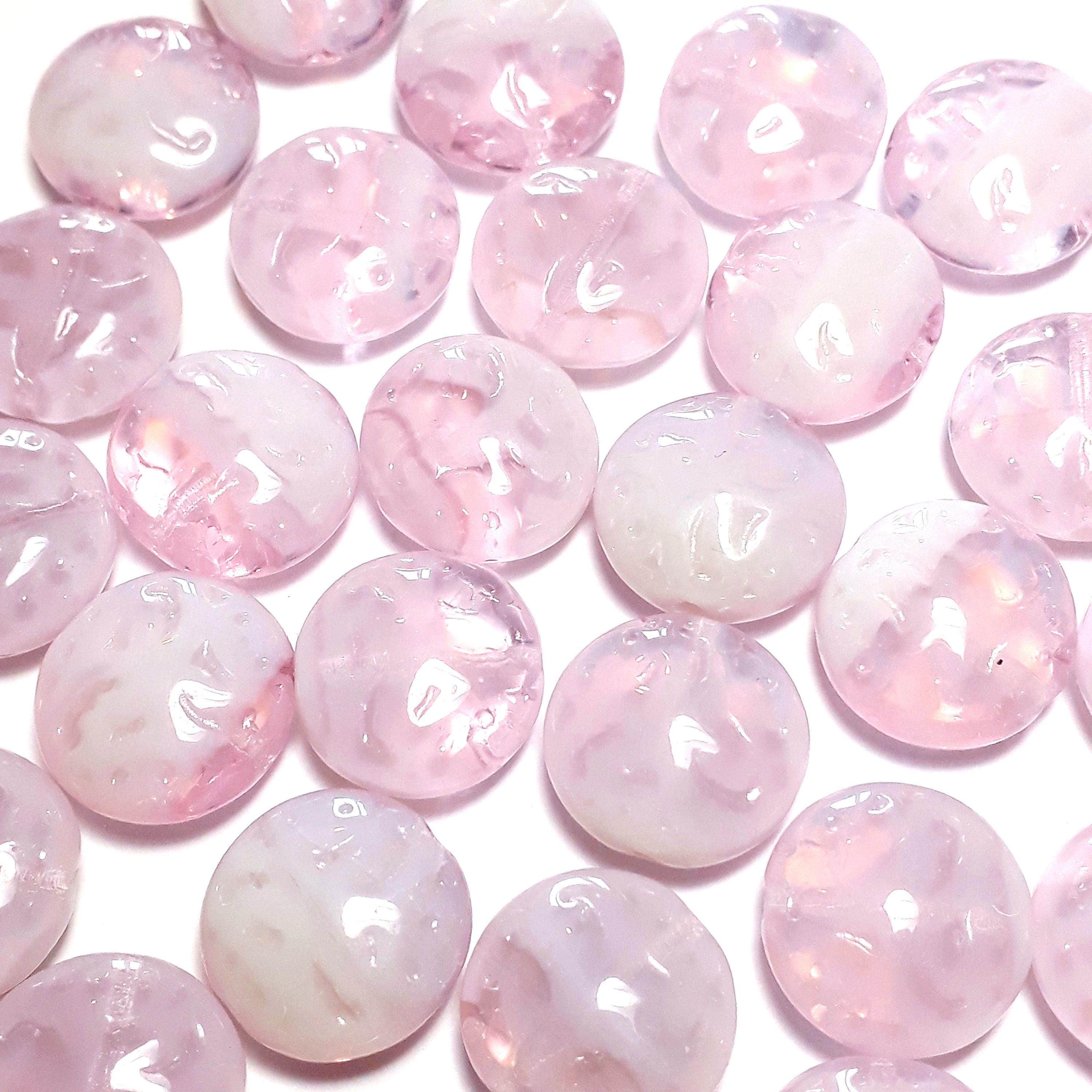 Pink & White Carved Czech Glass 14mm - 6pcs