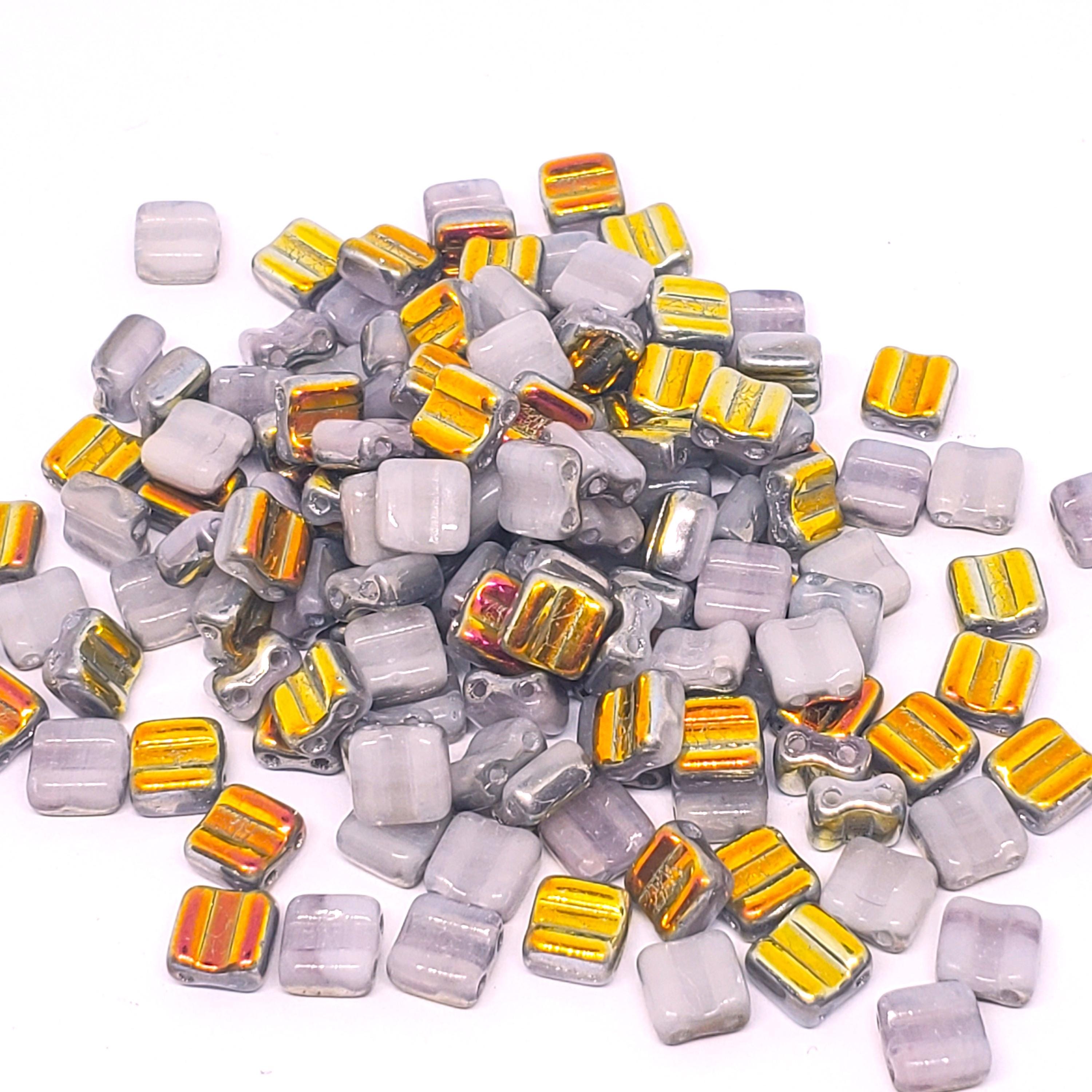 2-Hole Purple & Metallic Gold/Pink Czech Glass Square 6mm - 20pcs