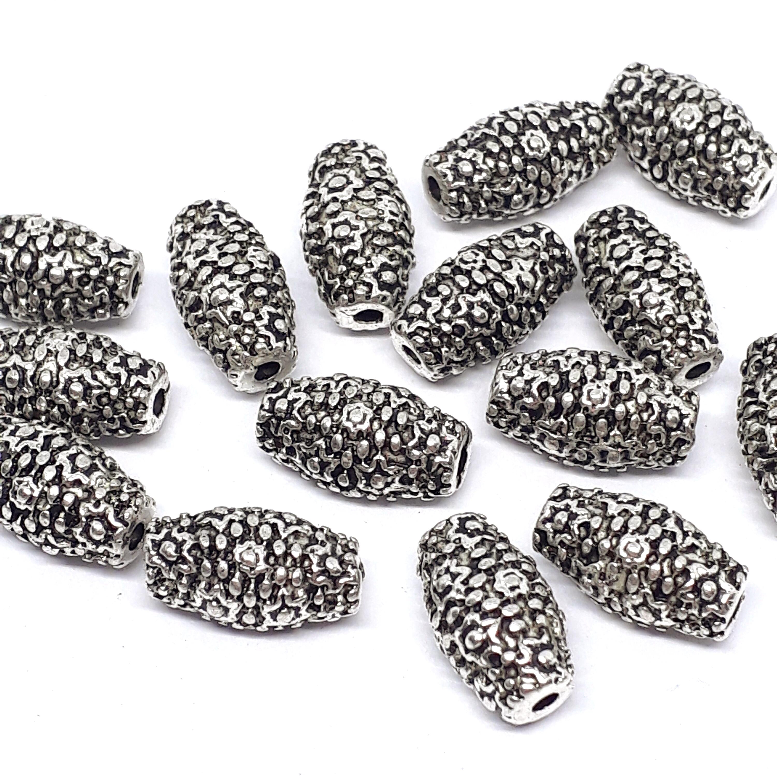 Dotted Flower Oval Tube Antique Silver 11x6mm - 6pcs