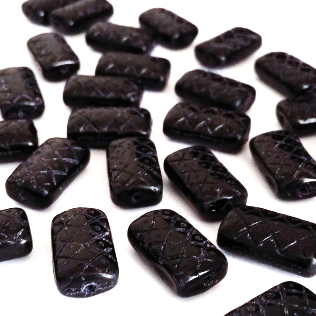 Black Carved Rectangle Czech Glass 13x7mm - 10pcs