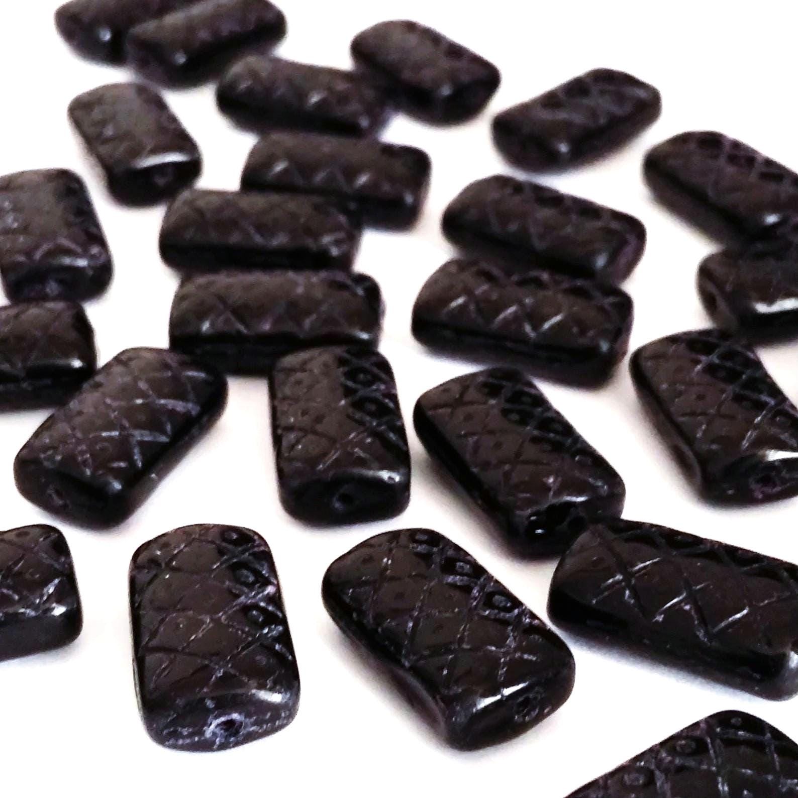 Black Carved Rectangle Czech Glass 13x7mm - 10pcs