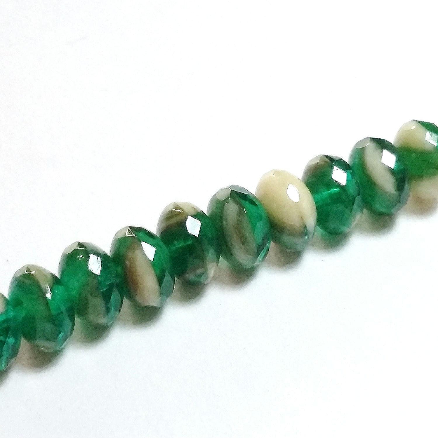 Beige & Green Czech Glass Rondelle 7x4mm - 20pcs