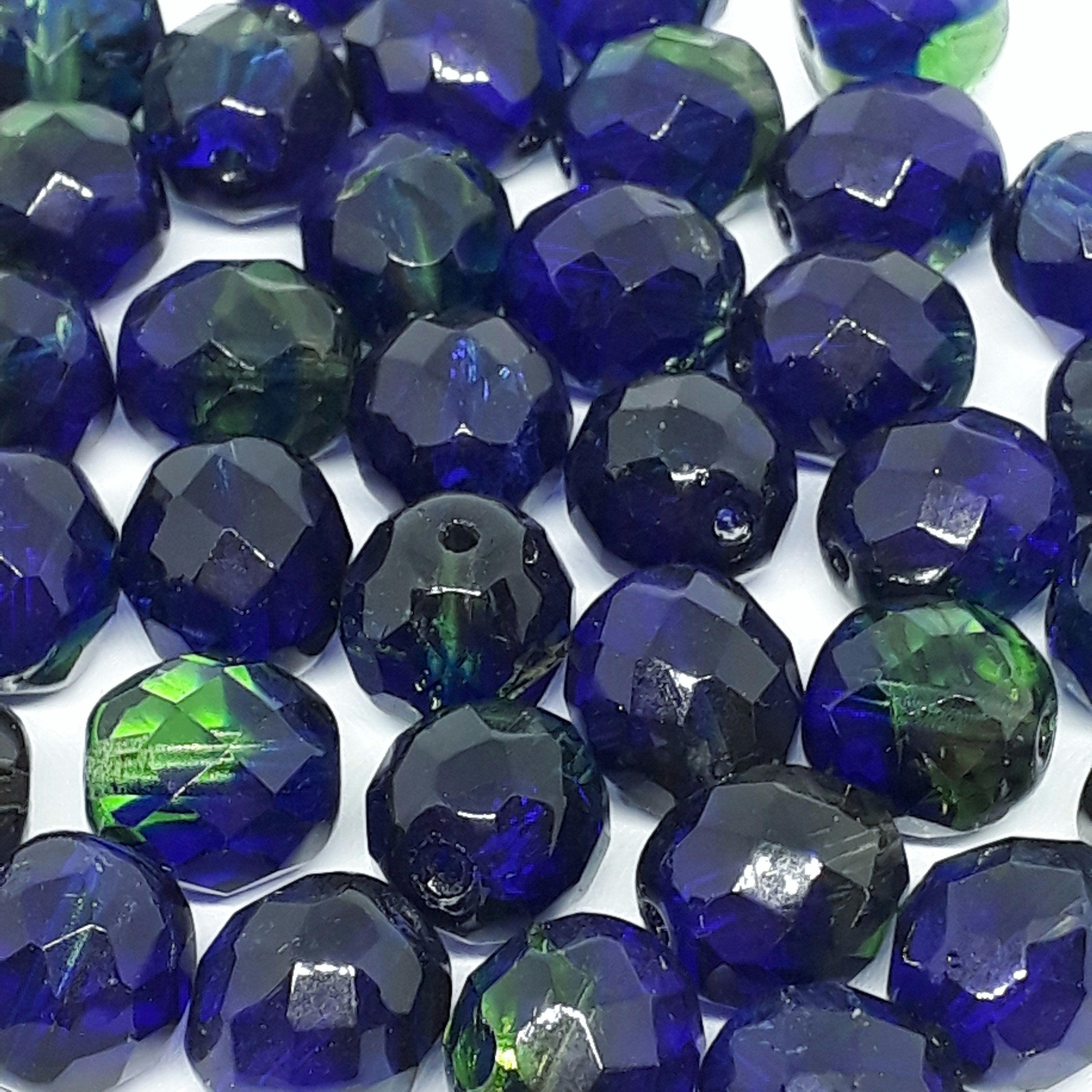 Dark Blue & Green Faceted Czech Glass Round 10x9mm - 10pcs